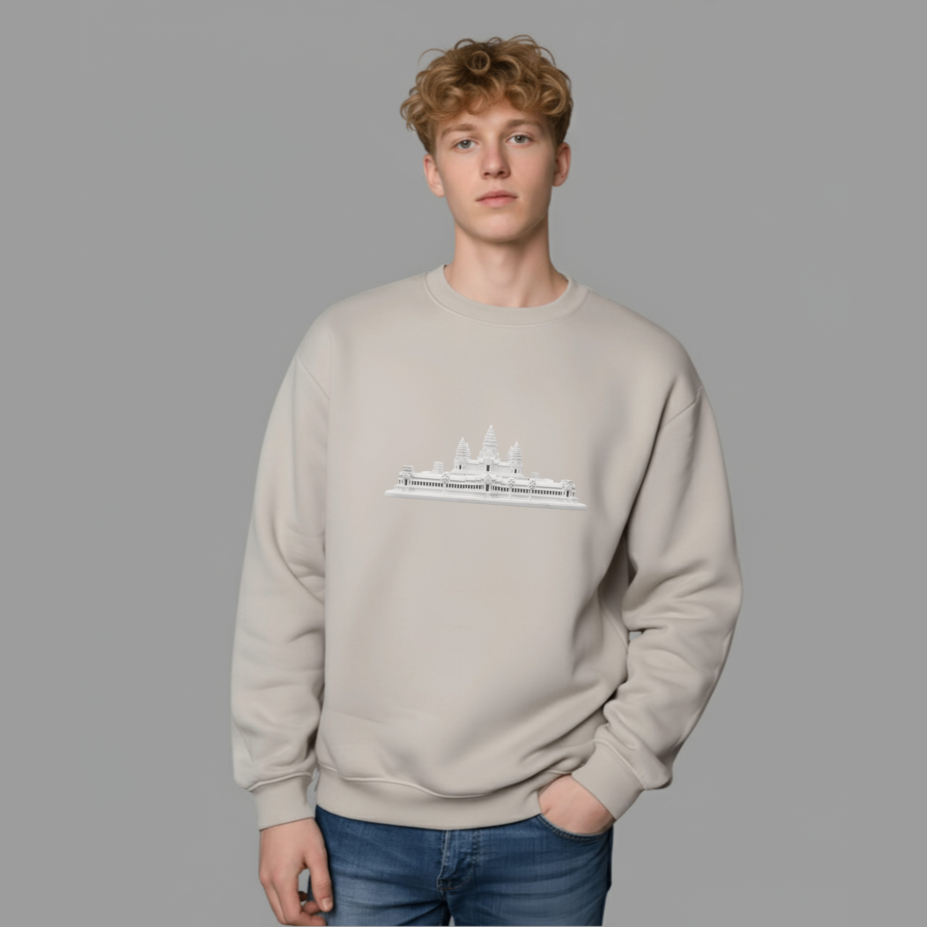 Men's Print Crew Neckline Top "Angkor Wat" Long Sleeves Sweatshirt In Sanstone Colour