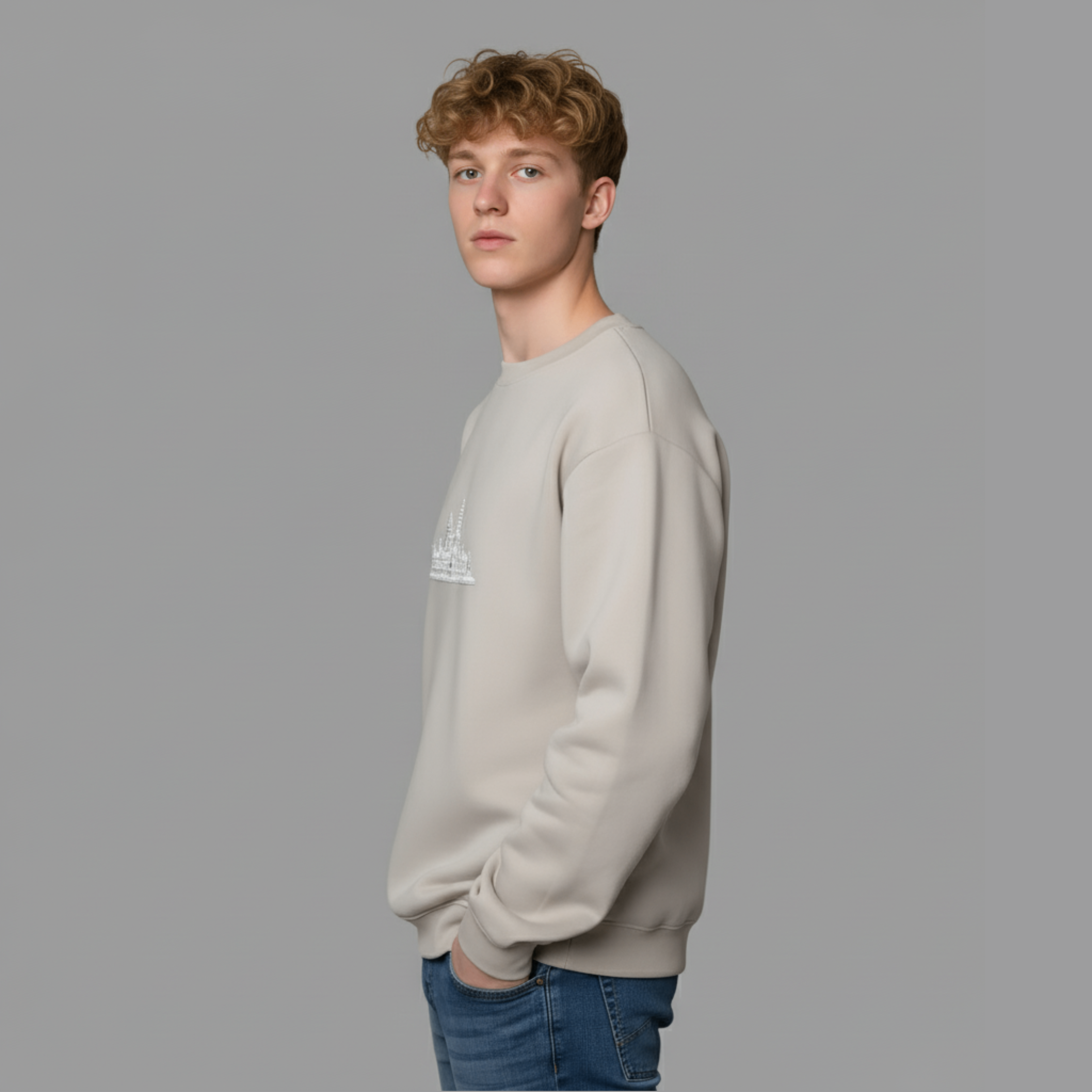 Men's Print Crew Neckline Top "Angkor Wat" Long Sleeves Sweatshirt In Sanstone Colour