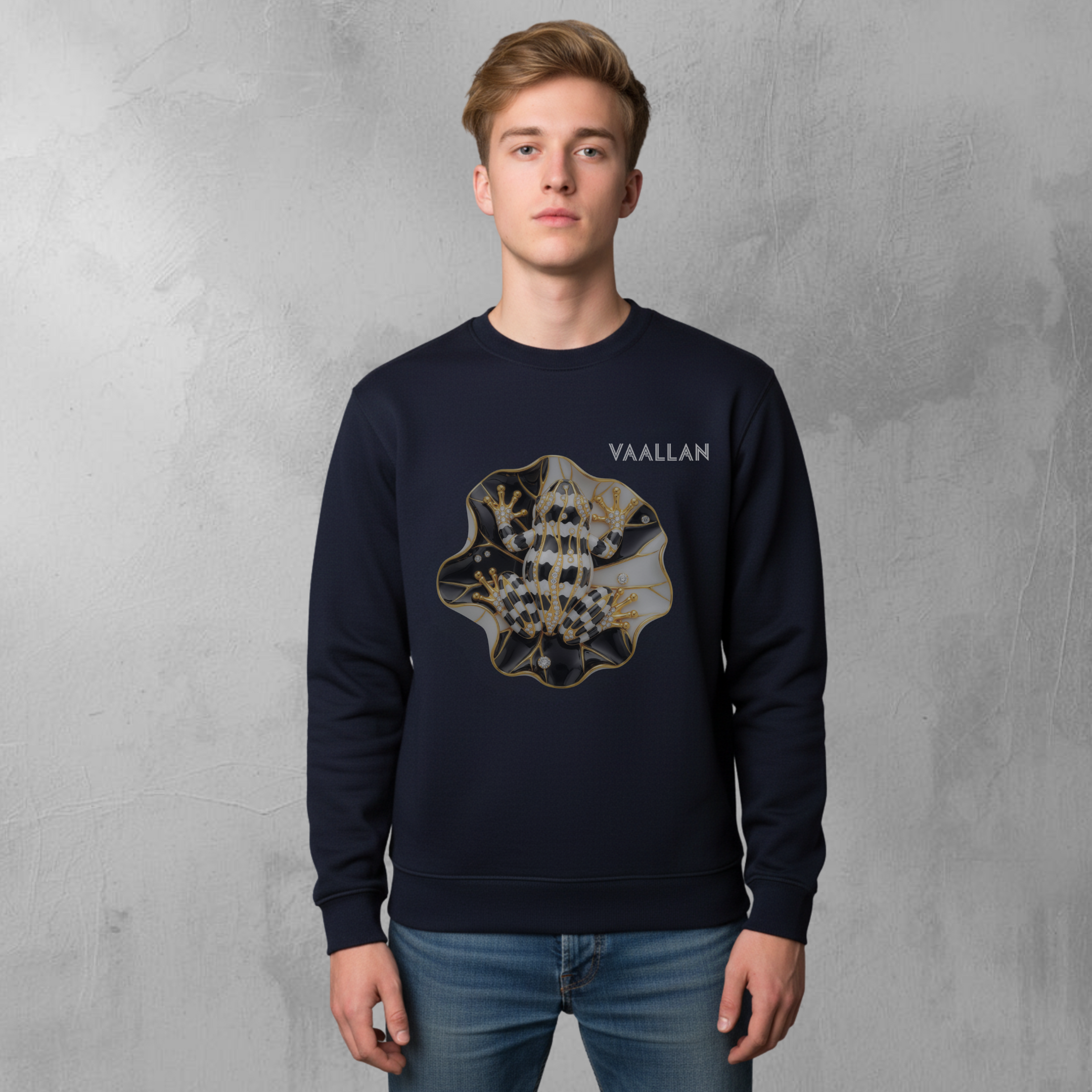 Men Casual Crew Neckline Top Sweatshirt "Golden Frog" In Navy Long Sleeves