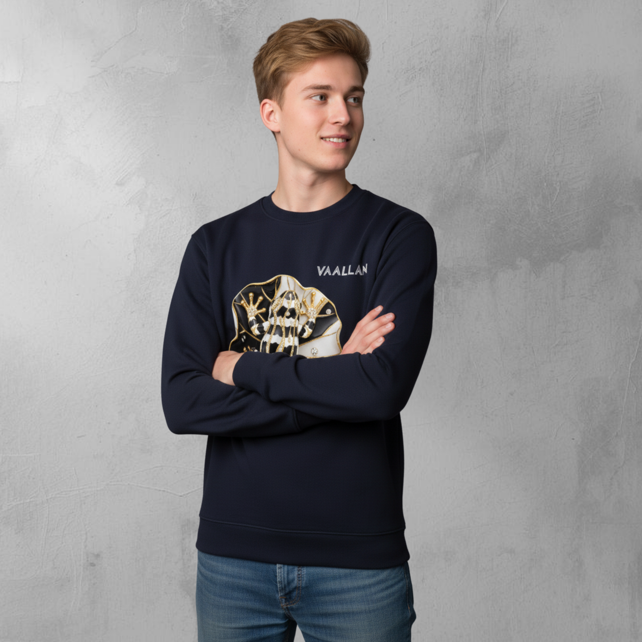 Men Casual Crew Neckline Top Sweatshirt "Golden Frog" In Navy Long Sleeves