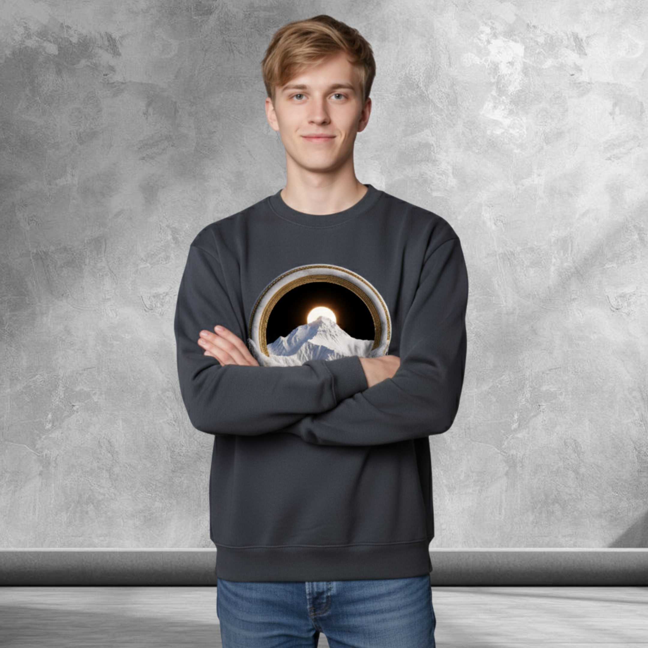 Men Dark Charcoal Crew Neckline Sweatshirt "Mount Everest Print" Top