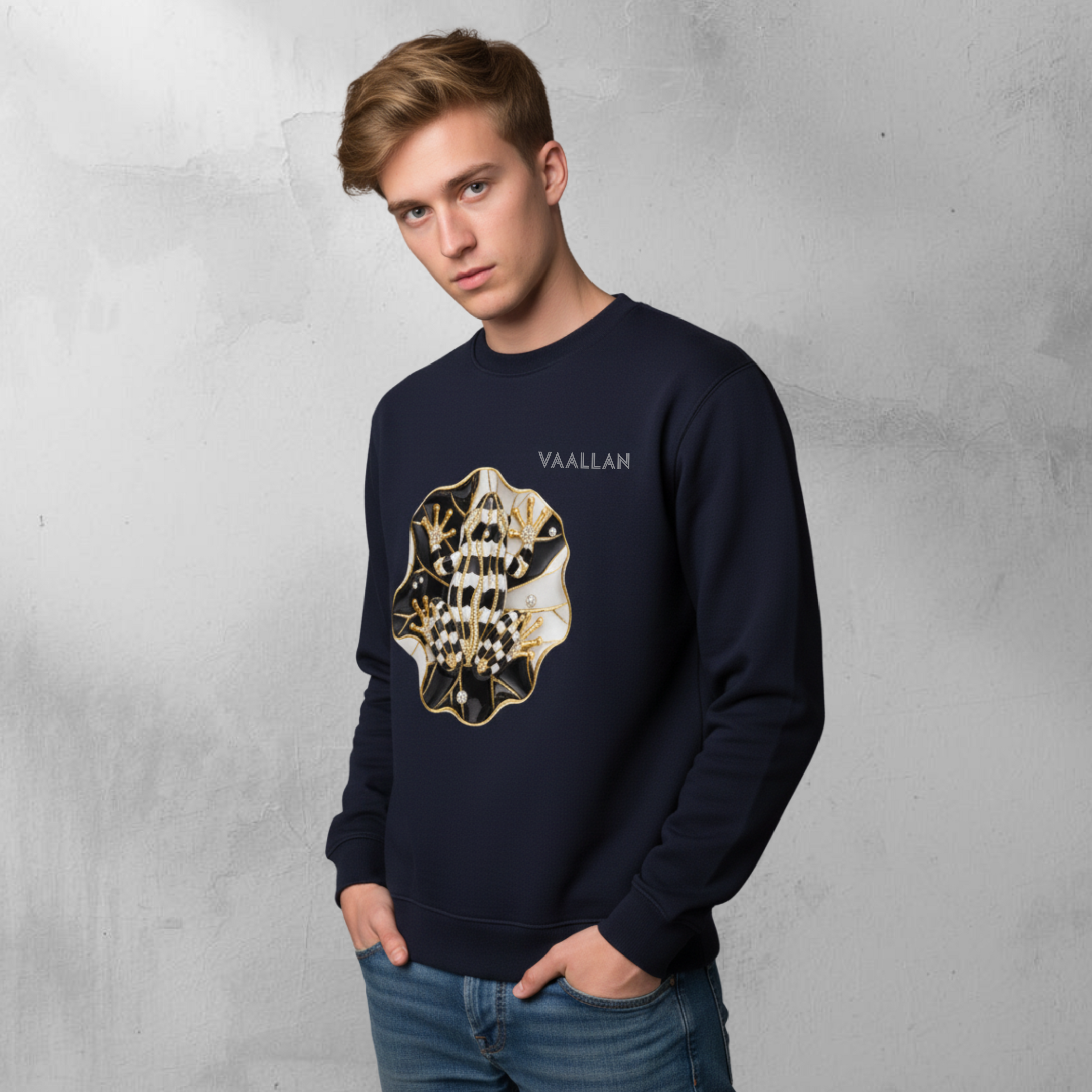 Men Casual Crew Neckline Top Sweatshirt "Golden Frog" In Navy Long Sleeves