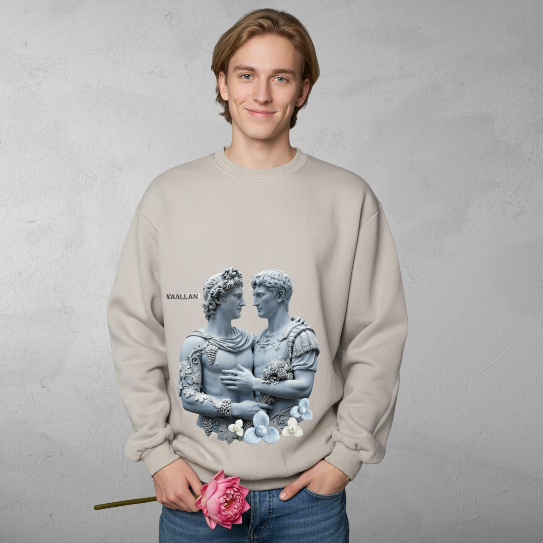 Men Long Sleeves Crew Neckline Sweatshirt "Apollo and Emperor Augustus Love" Top In Sandstone Colourr