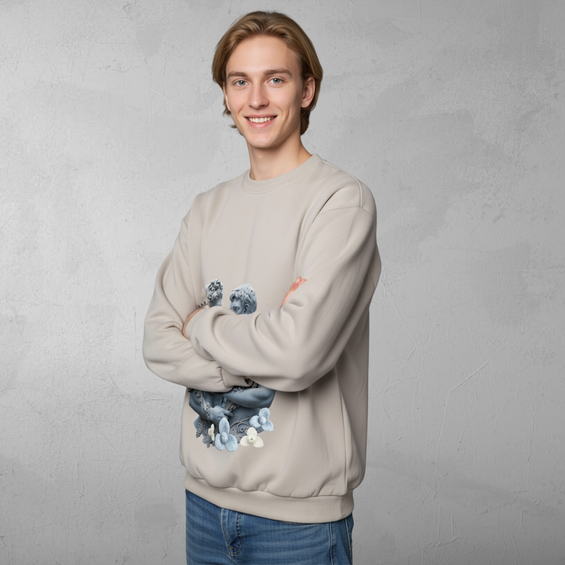 Men Long Sleeves Crew Neckline Sweatshirt "Apollo and Emperor Augustus Love" Top In Sandstone Colourr