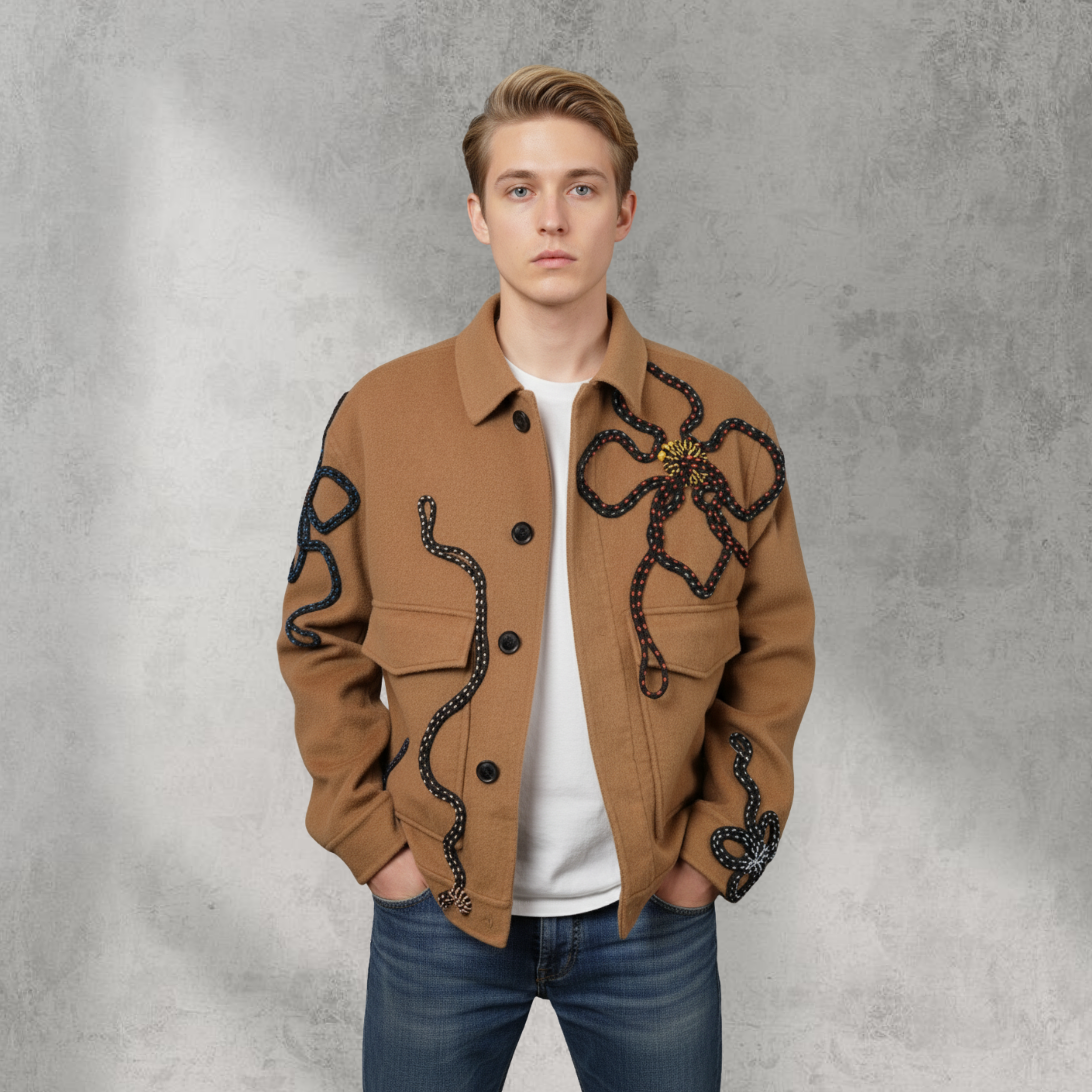 Men One Of A Kind Brown Jacket "The Floral" Size L