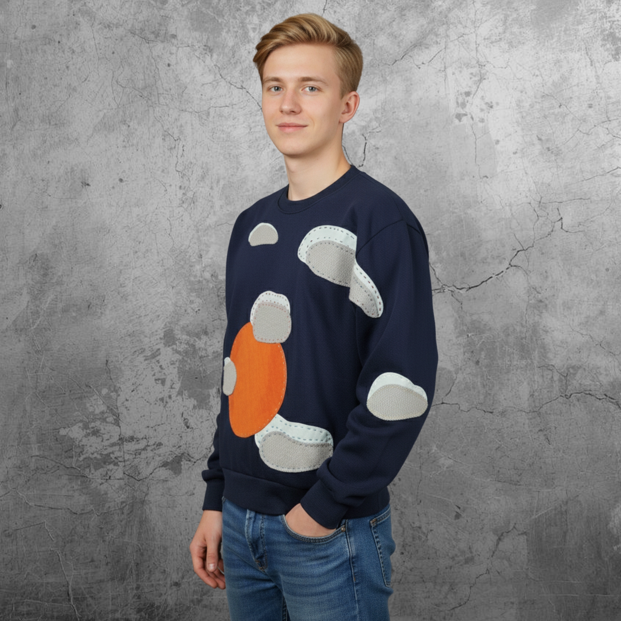 Men Long Sleeves Top "Sun And Clouds" Sweatshirt In Crew Neckline Navy