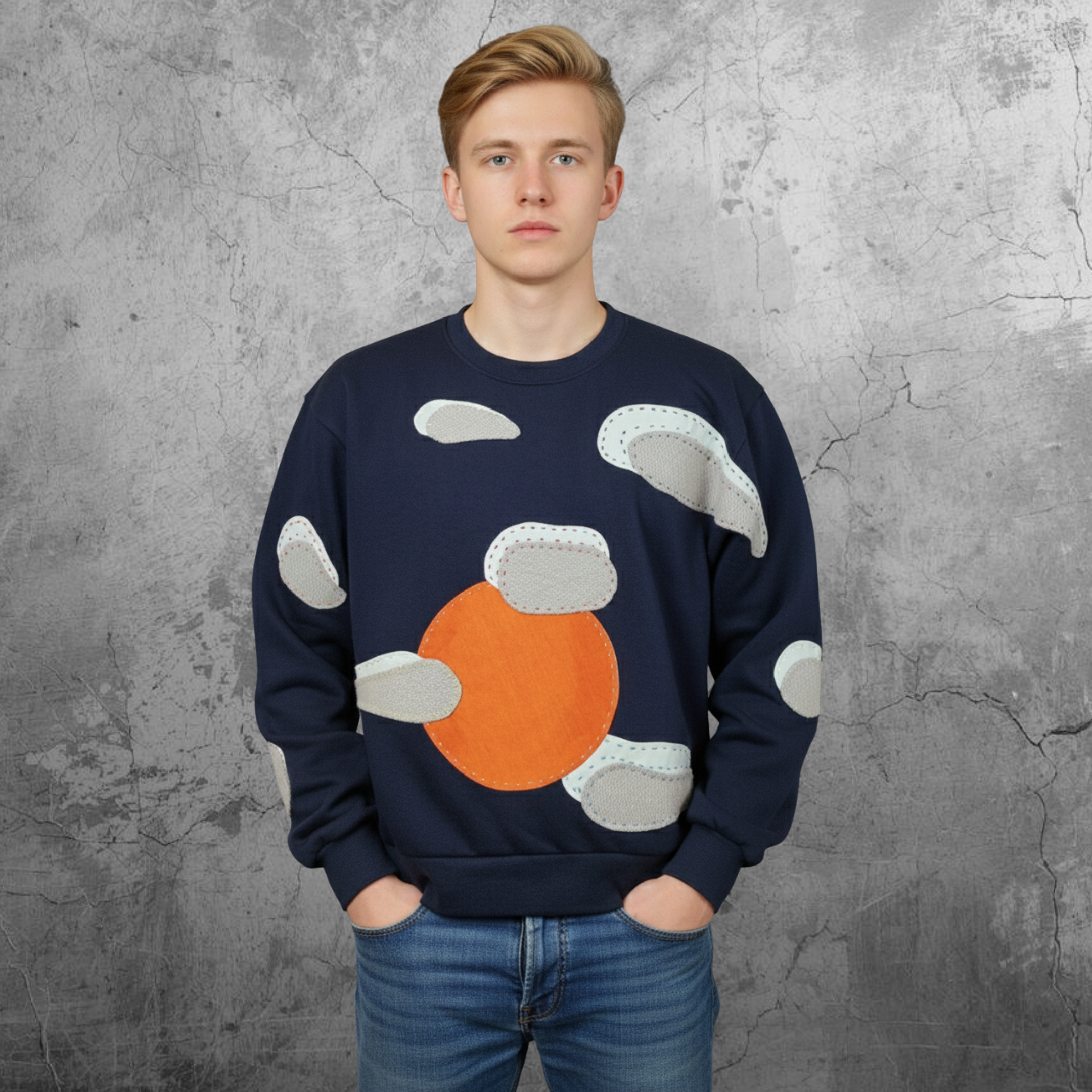 Men Long Sleeves Top "Sun And Clouds" Sweatshirt In Crew Neckline Navy