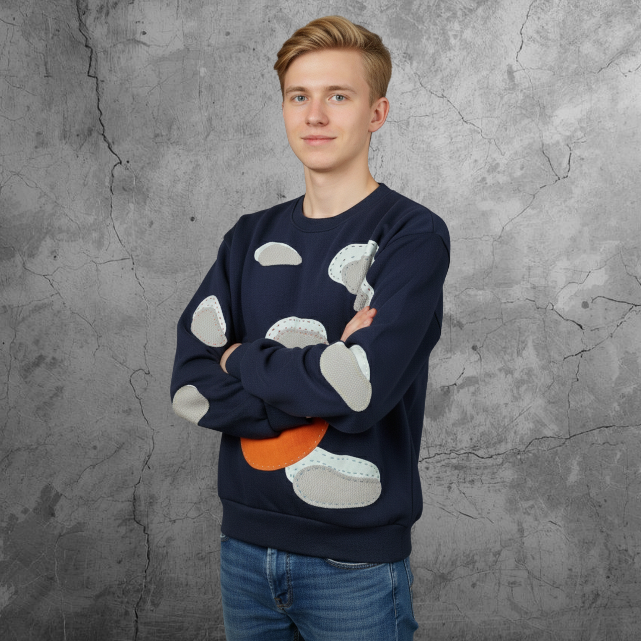 Men Long Sleeves Top "Sun And Clouds" Sweatshirt In Crew Neckline Navy