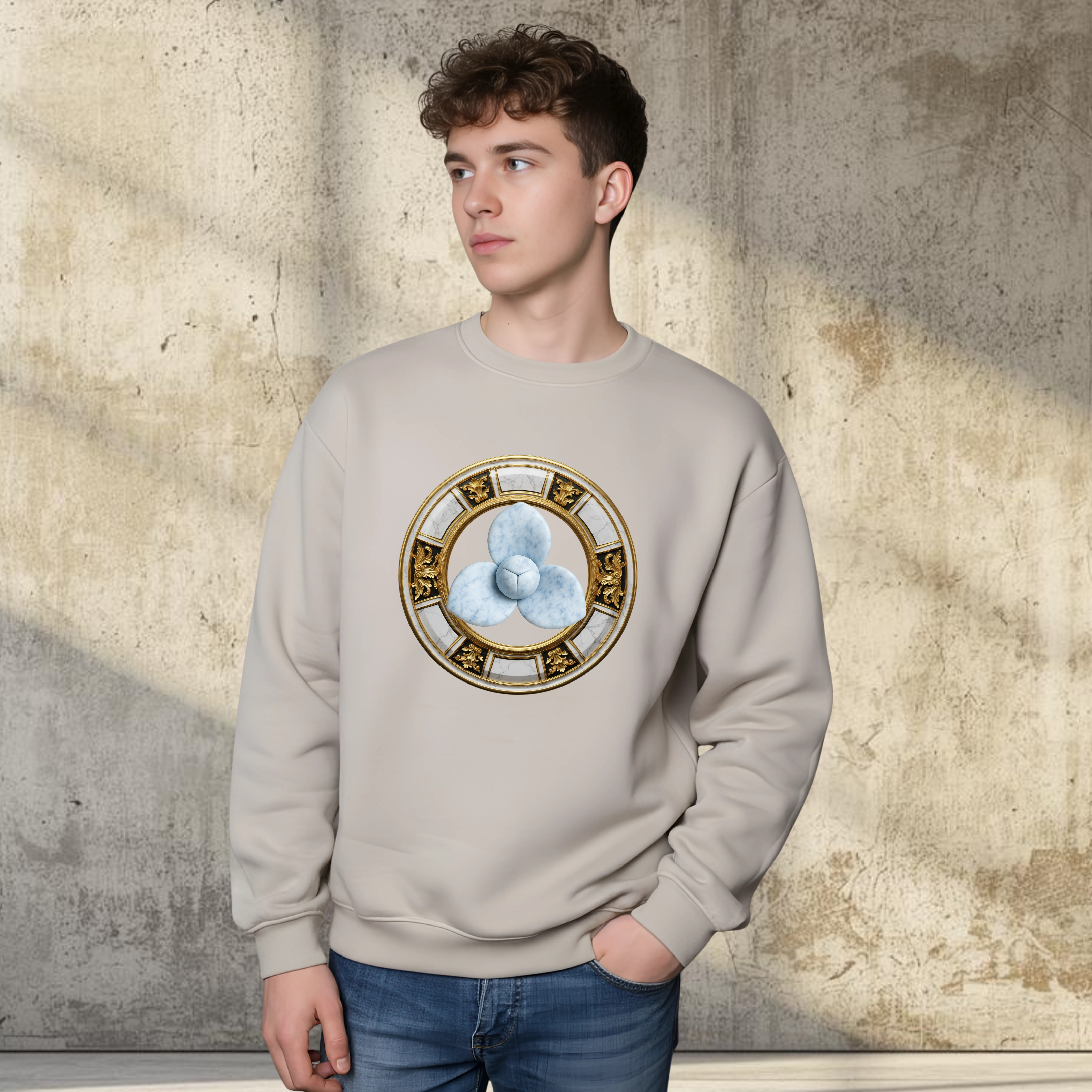 Unisex Crew Neckline Sweatshirt "Victorian And Pka Romduol" Casual Long Sleeve Sandtone Top