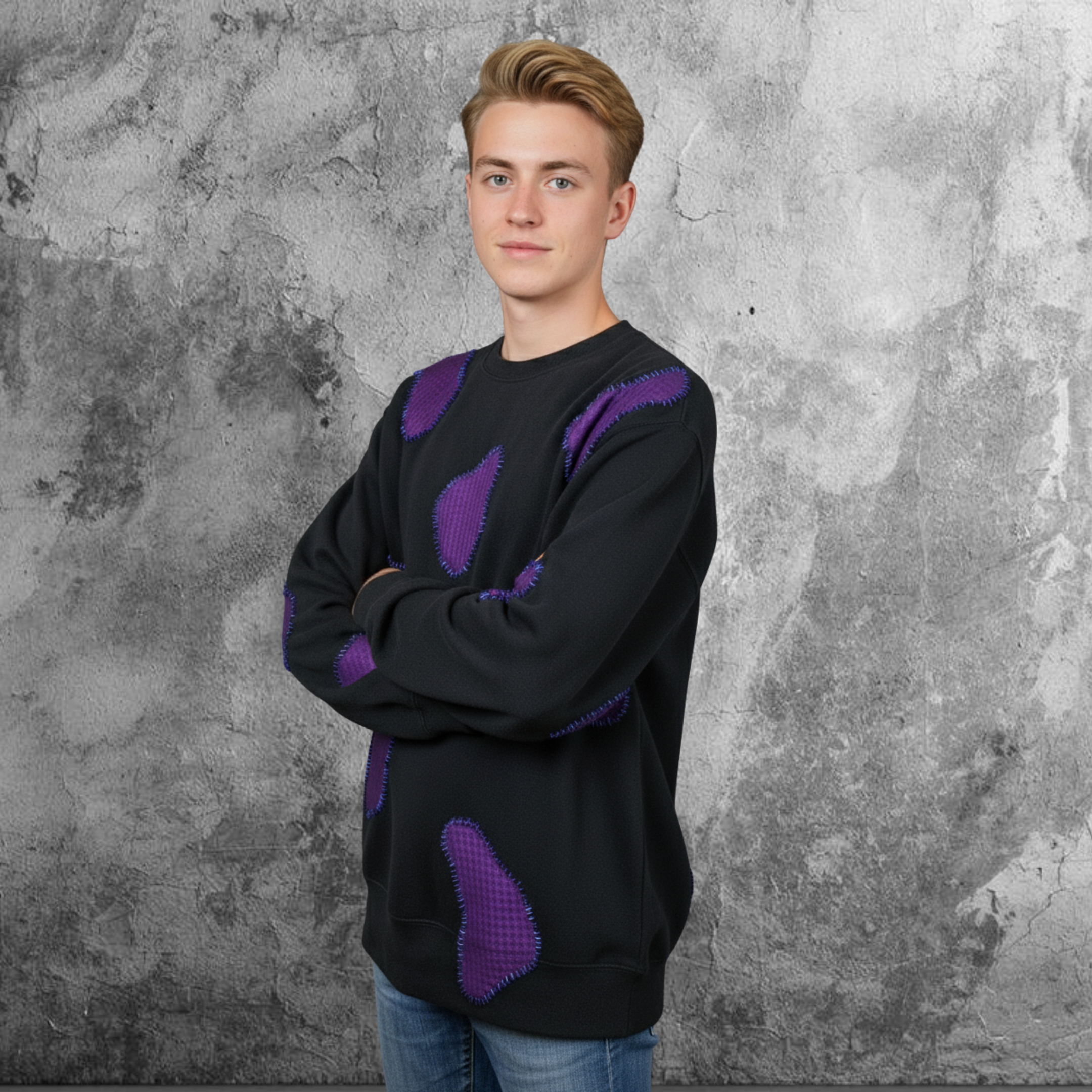 Men Long Sleeves Sweatshirt "The Patches" In Black Round Neckline Top