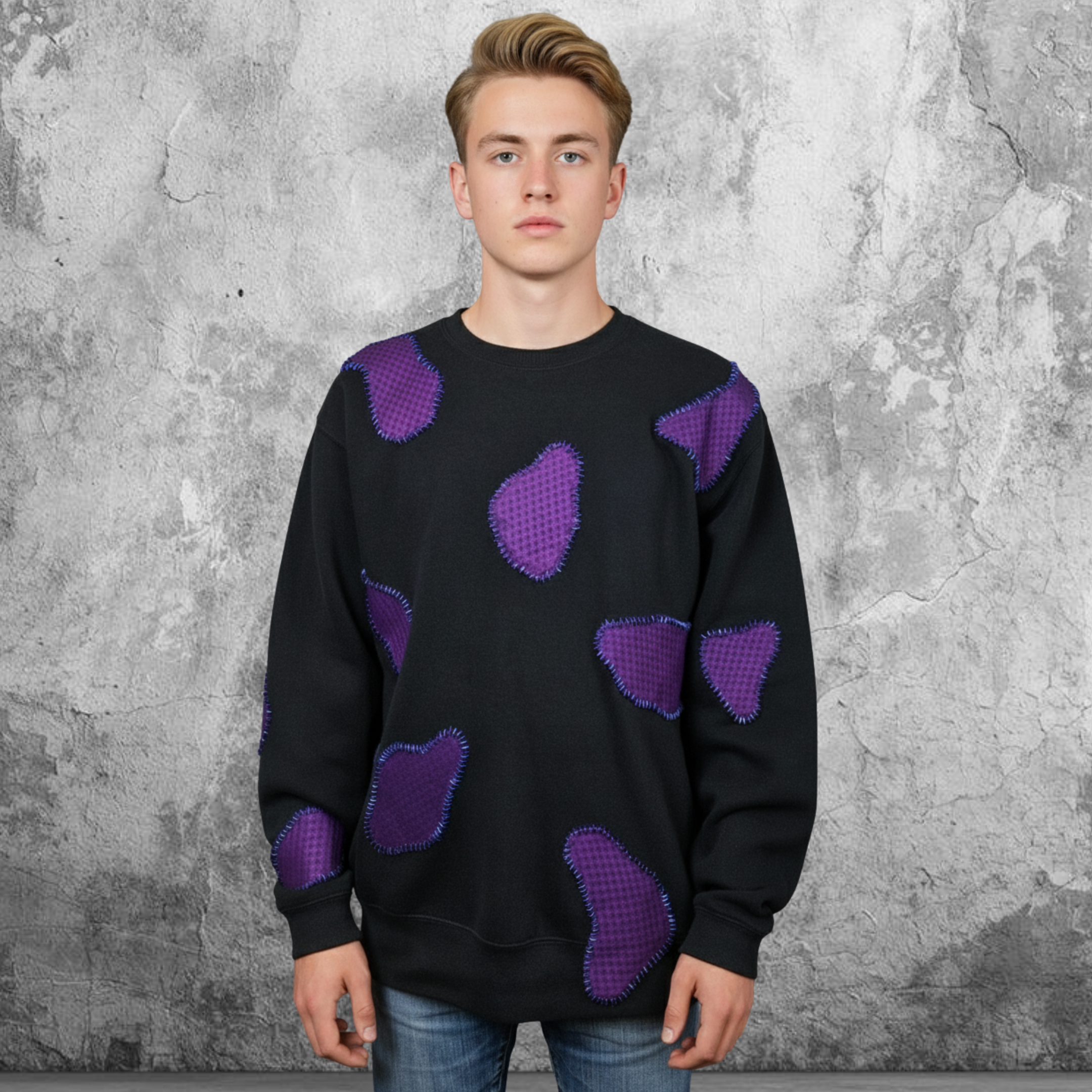 Men Long Sleeves Sweatshirt "The Patches" In Black Round Neckline Top