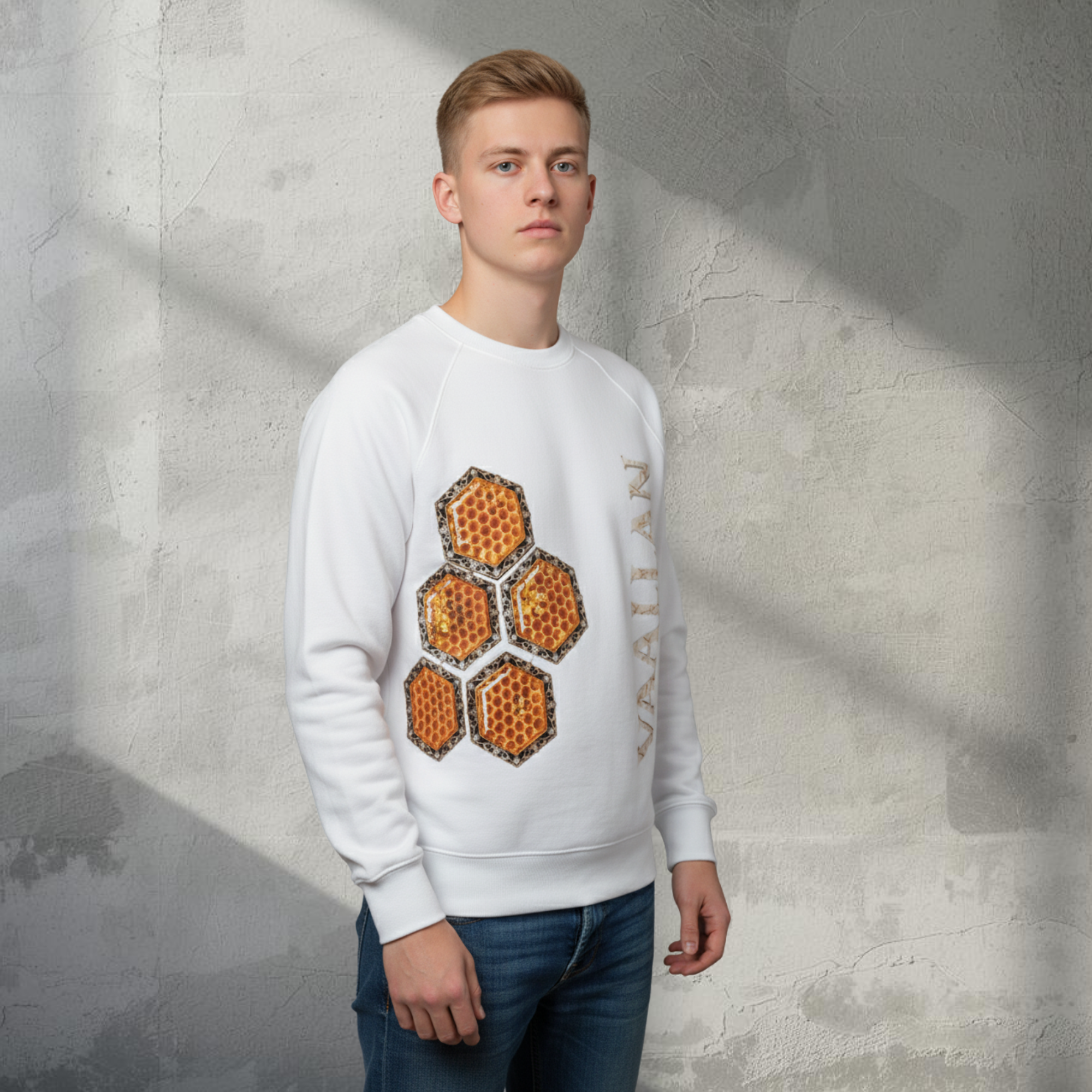 Men White Top "The Honeycomb" Long Sleeves Crew Neck Sweatshirt