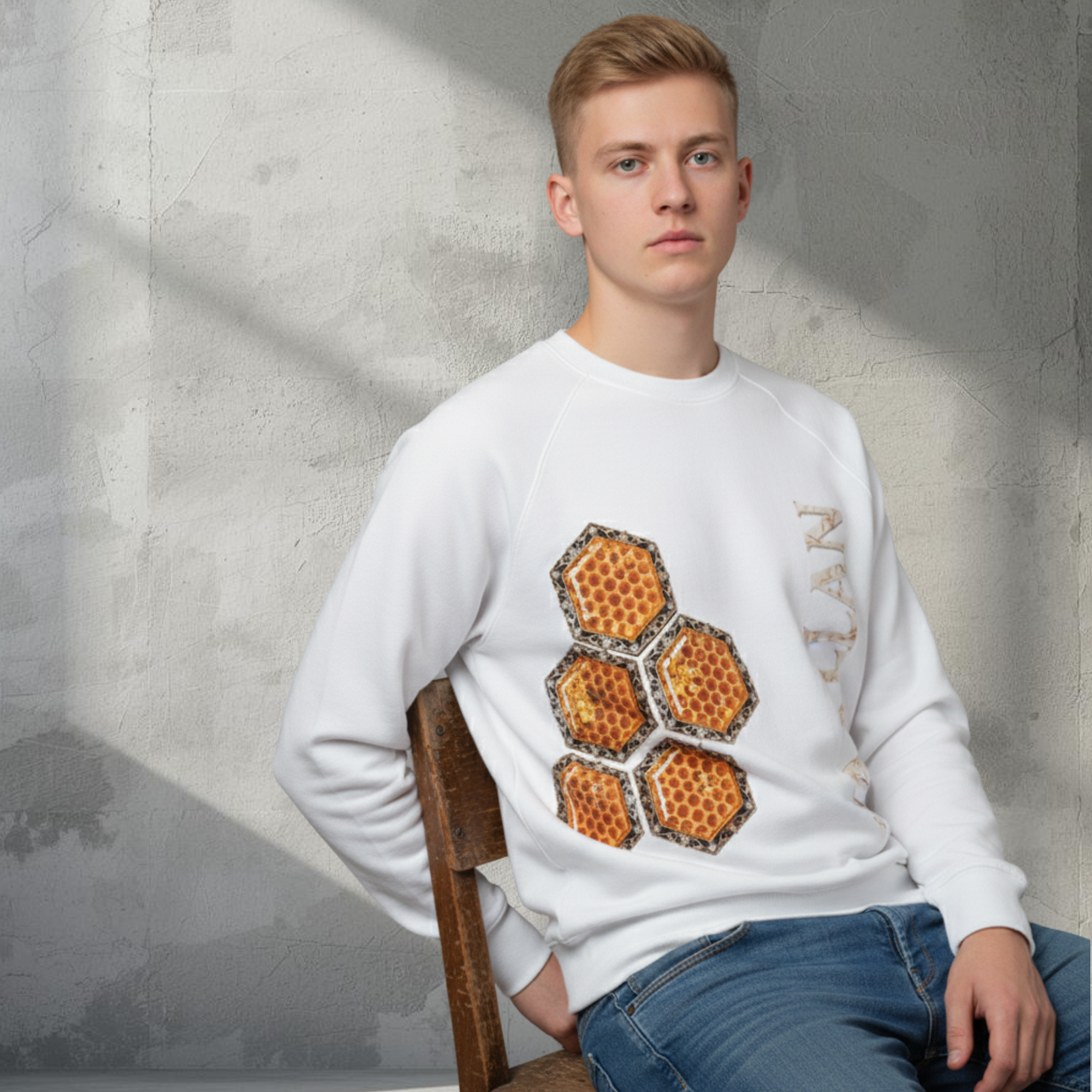 Men White Top "The Honeycomb" Long Sleeves Crew Neck Sweatshirt