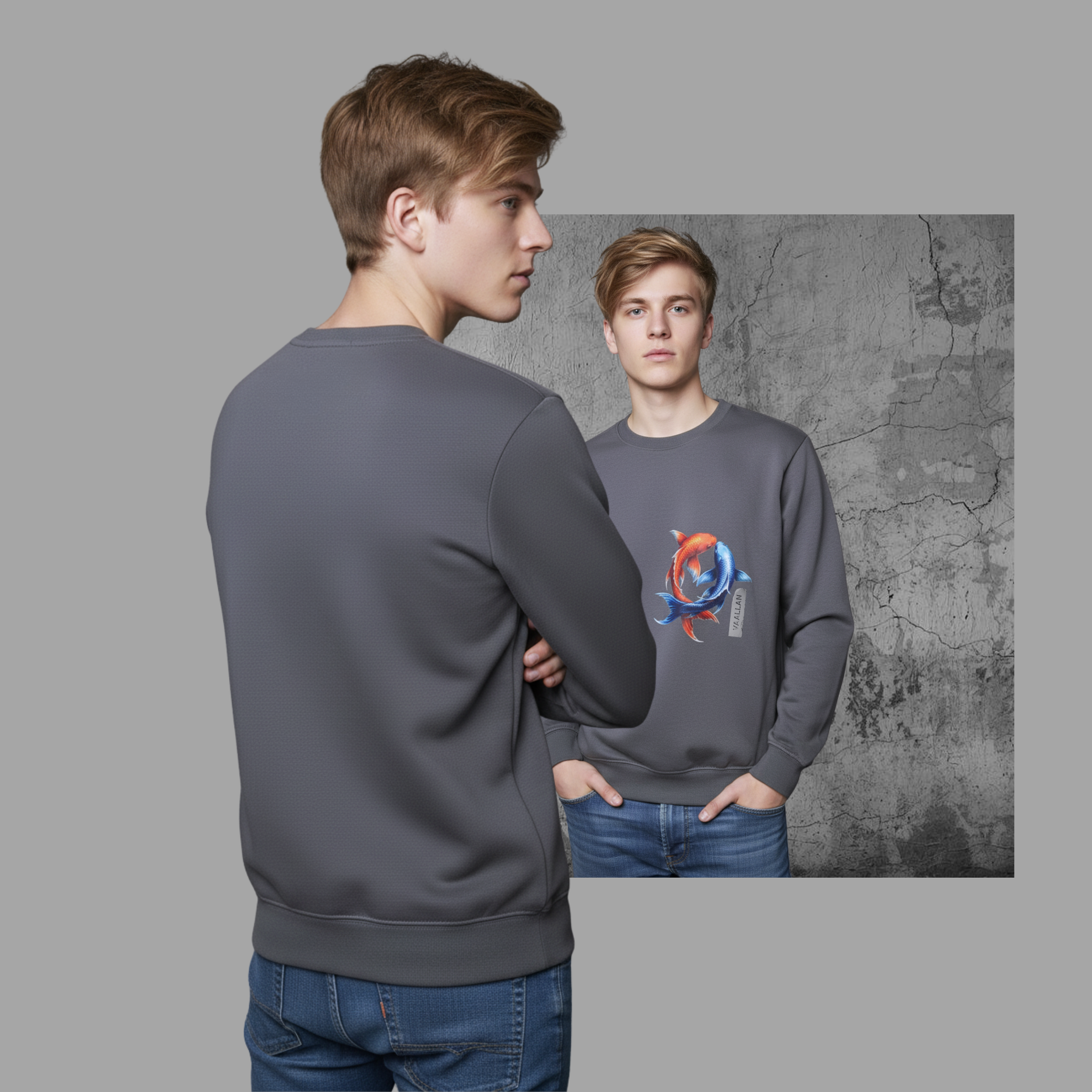 Men Dark Charcoal Crew Neckline Sweatshirt "The Koi" Long Sleeves Top
