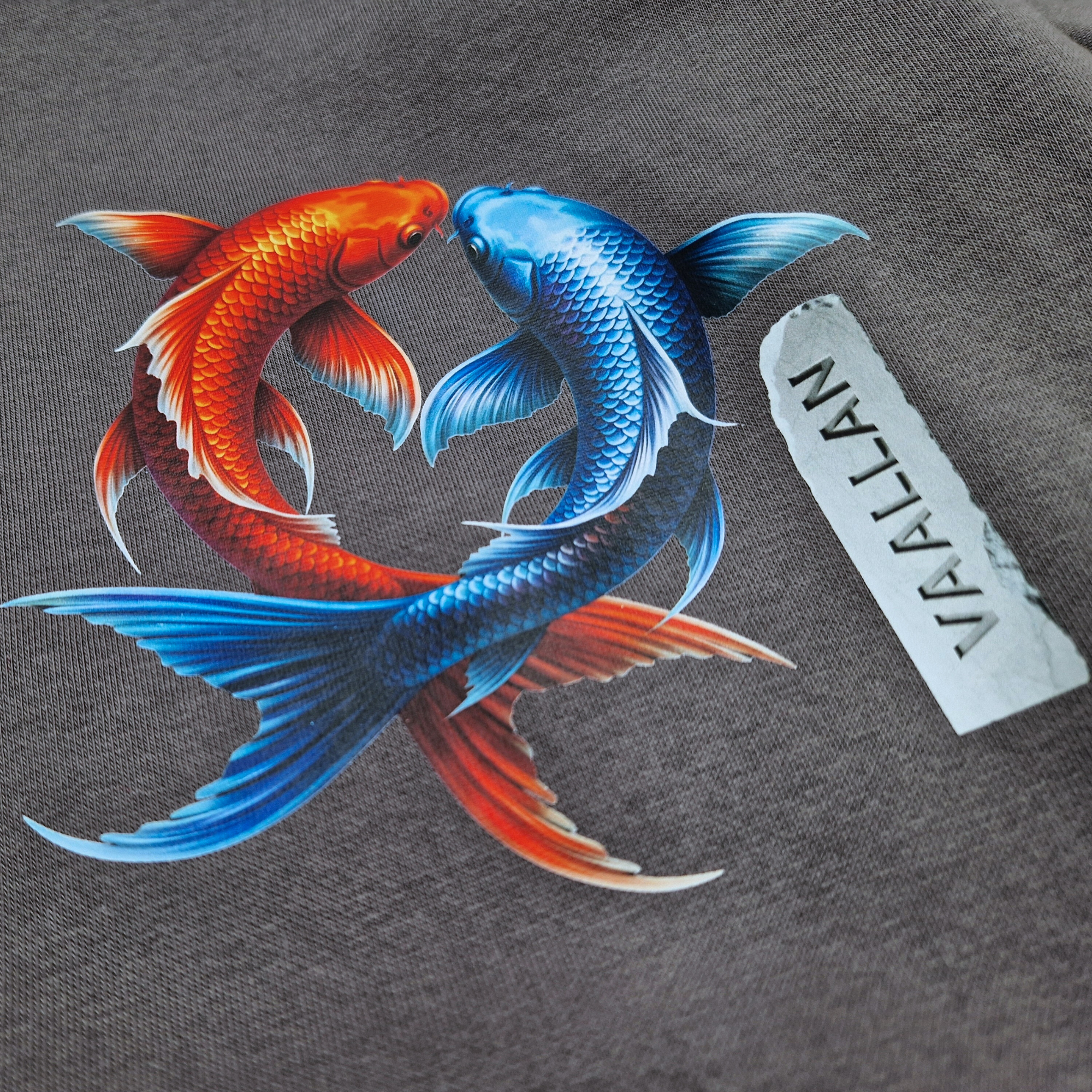 Men Dark Charcoal Crew Neckline Sweatshirt "The Koi" Long Sleeves Top