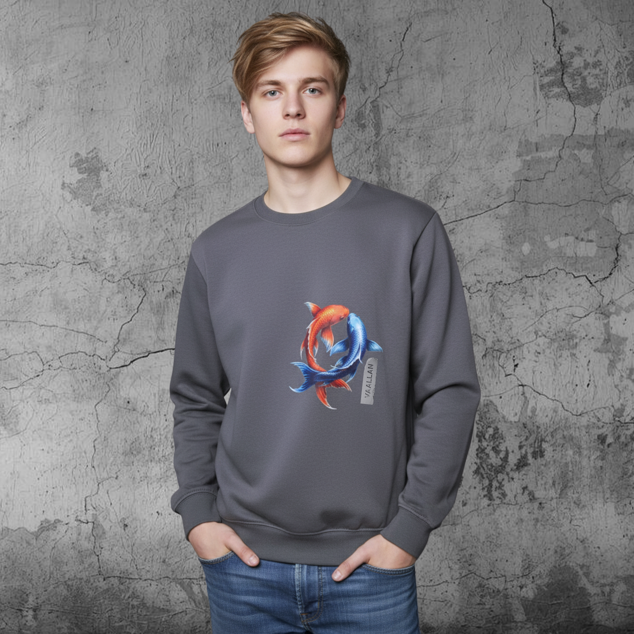 Men Dark Charcoal Crew Neckline Sweatshirt "The Koi" Long Sleeves Top