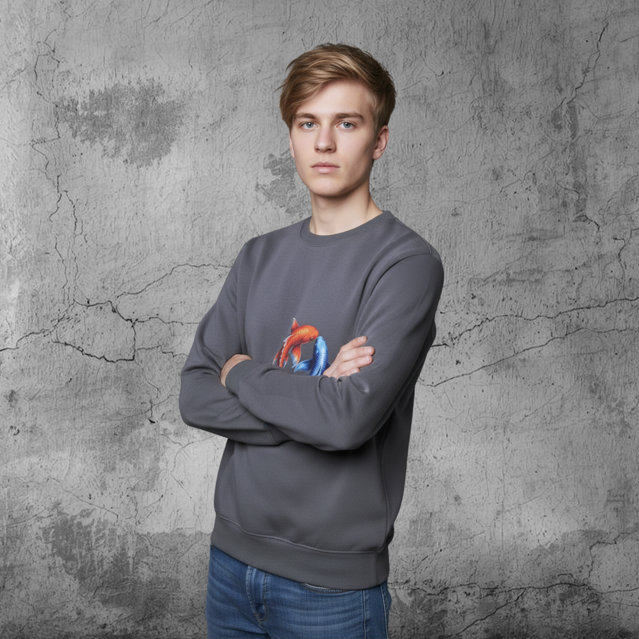 Men Dark Charcoal Crew Neckline Sweatshirt "The Koi" Long Sleeves Top