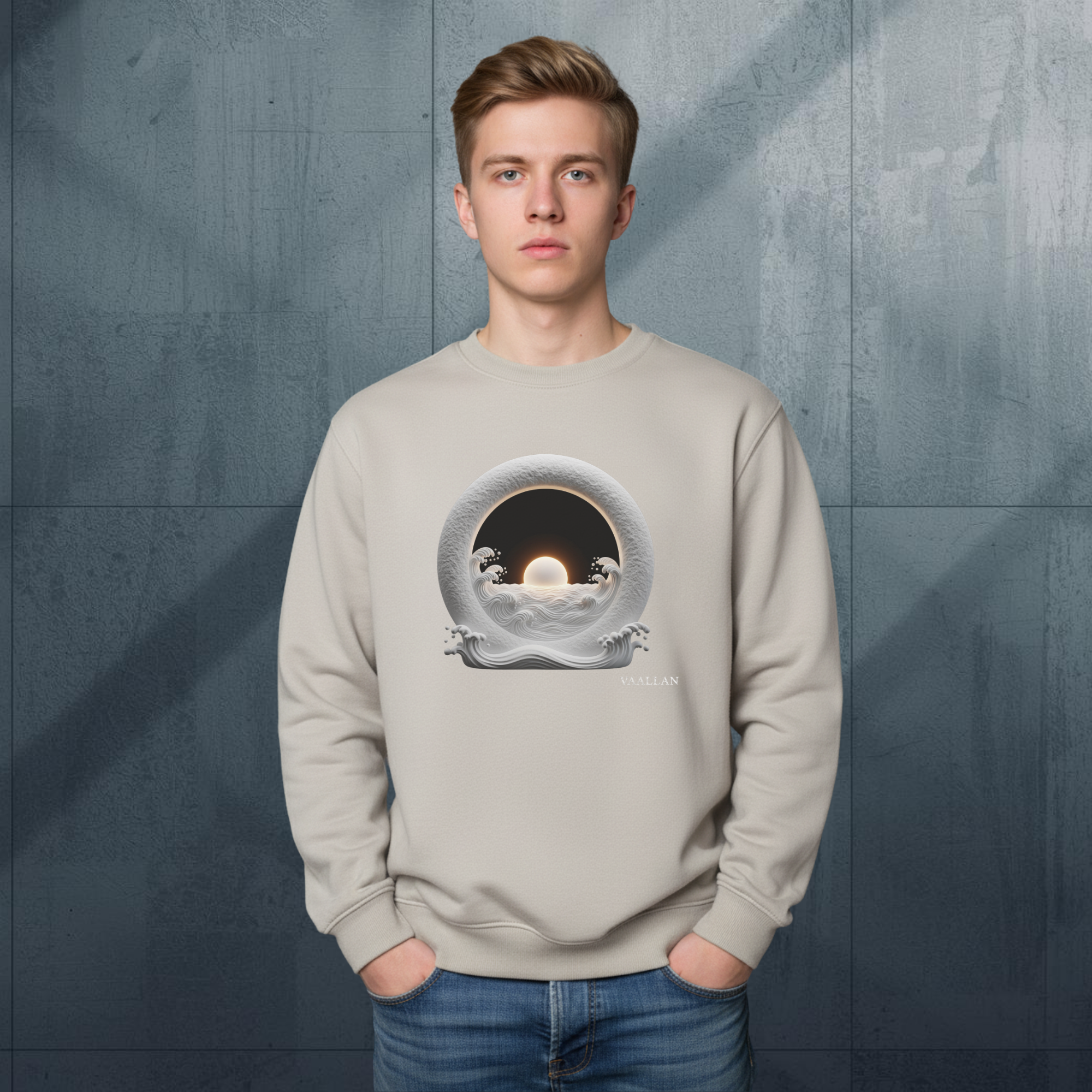Men's Crew Neck Long Sleeve Sweatshirt "The Great Sea" In Sandtone Evening Casual Top