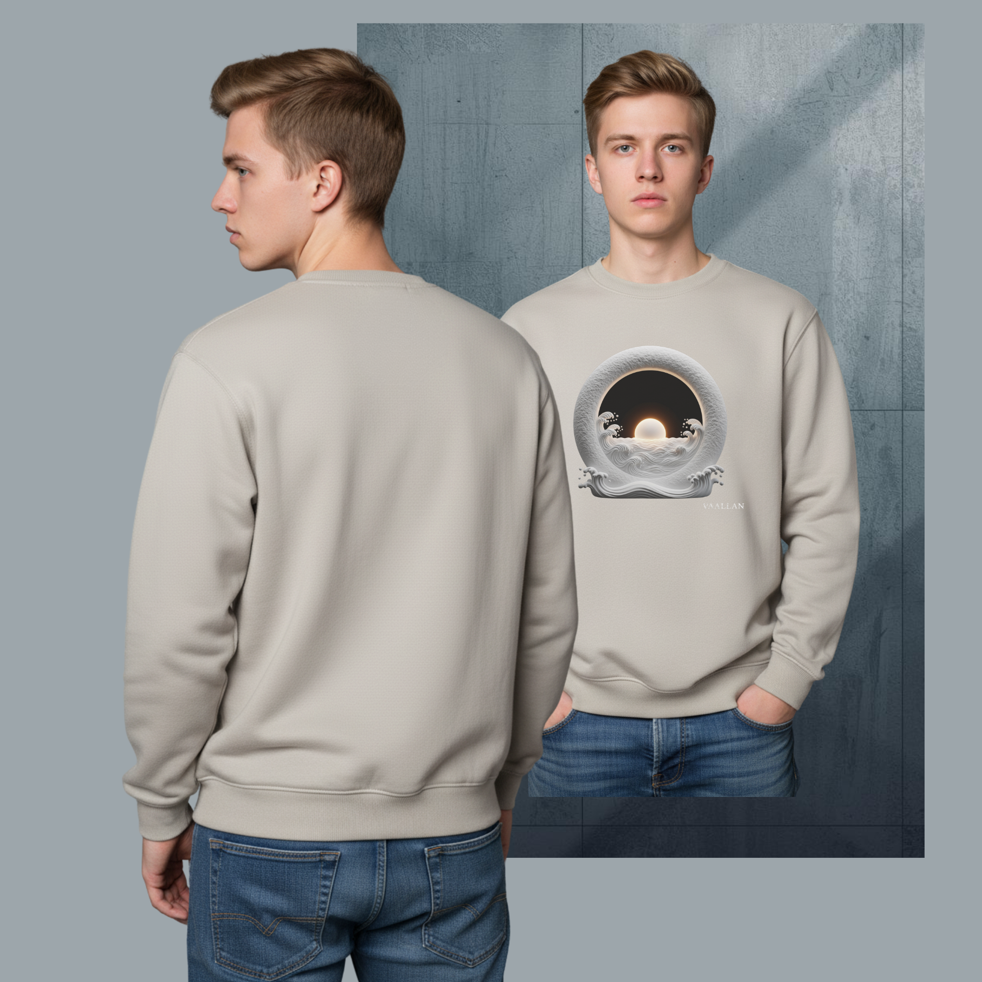 Men's Crew Neck Long Sleeve Sweatshirt "The Great Sea" In Sandtone Evening Casual Top
