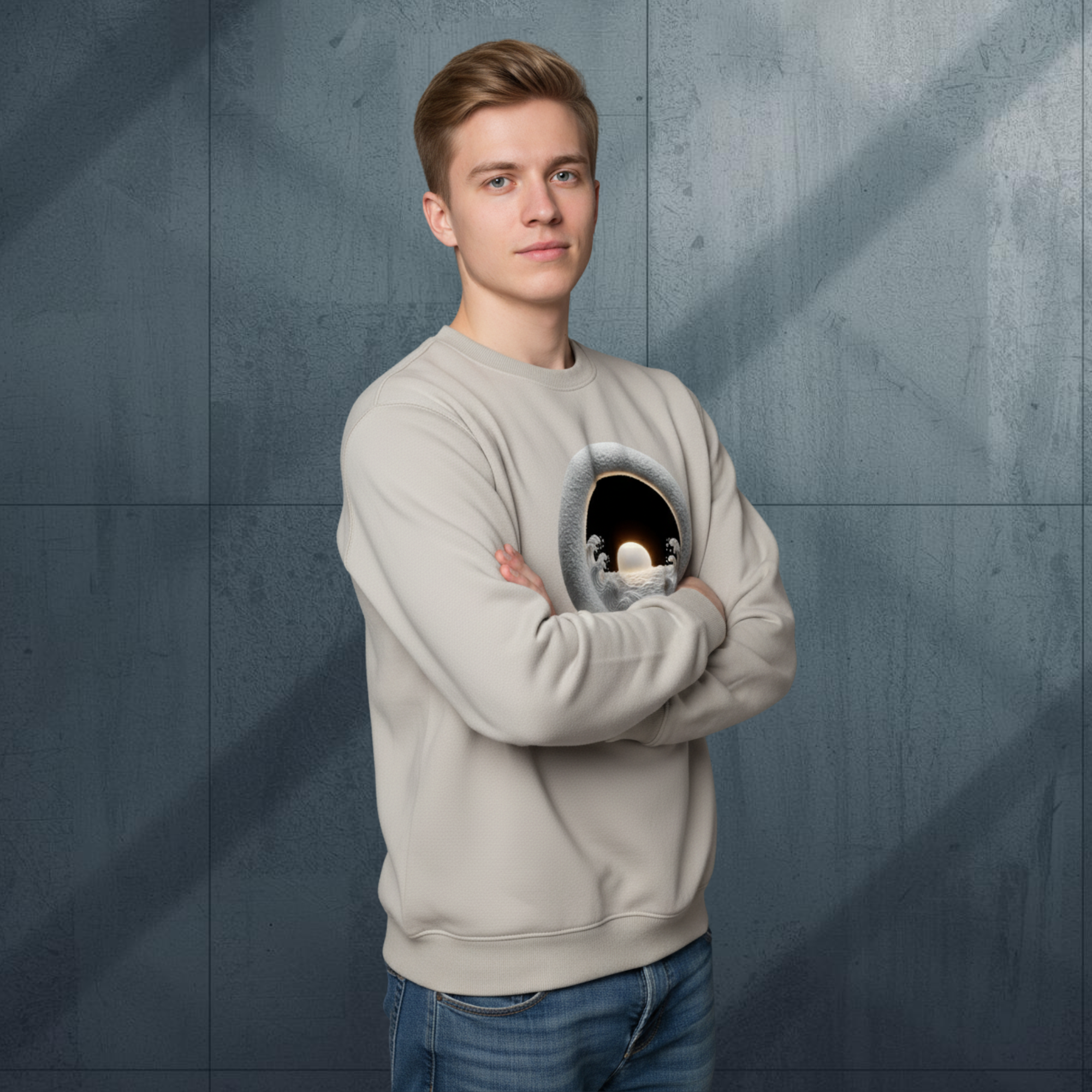 Men's Crew Neck Long Sleeve Sweatshirt "The Great Sea" In Sandtone Evening Casual Top