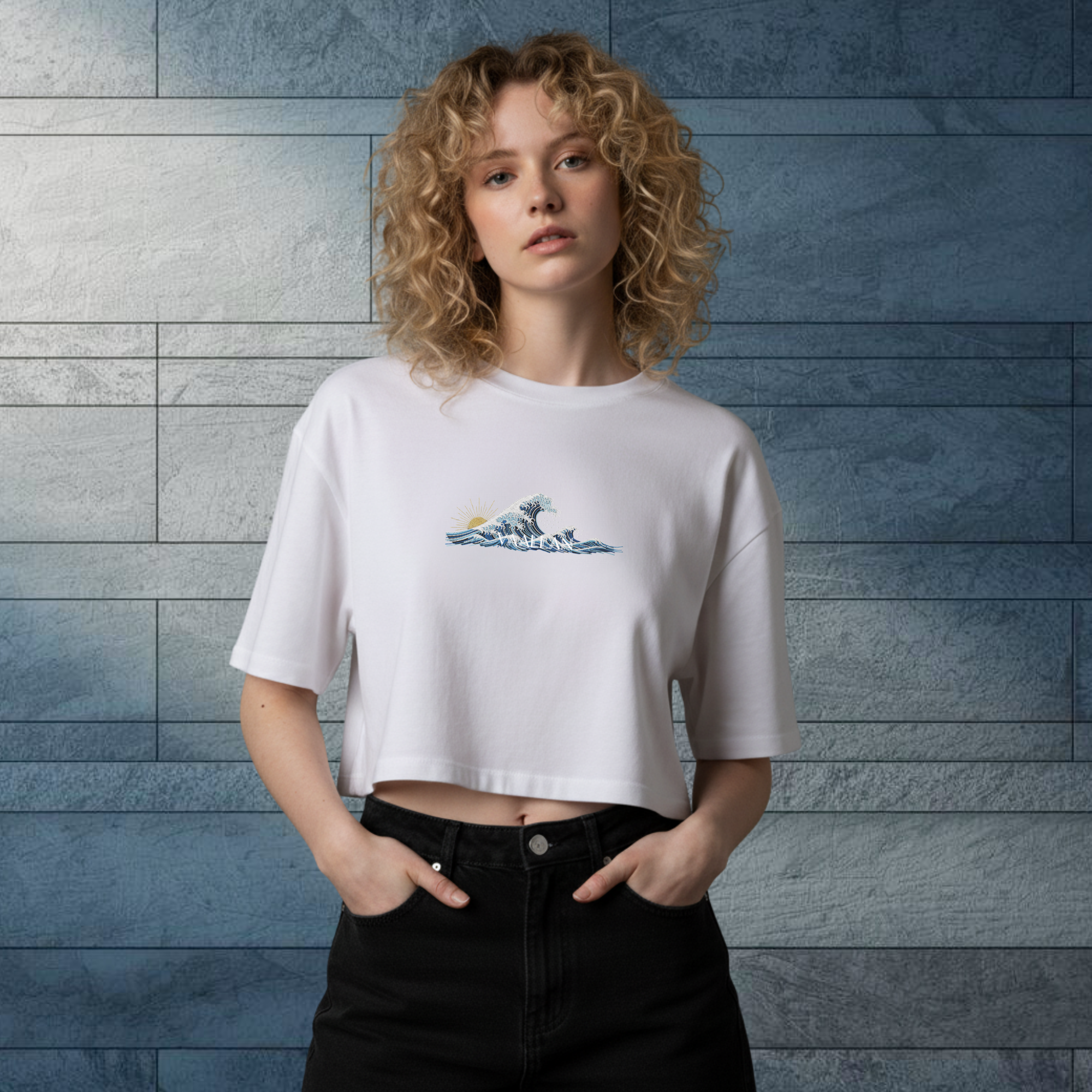 White Women Crop Top "The Wave" In Crew Neckline Short Sleeves