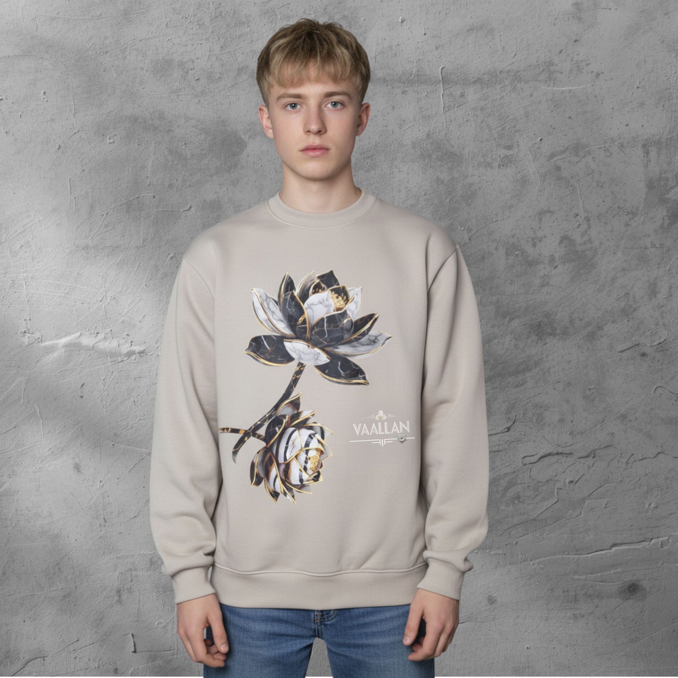 Men Sweatshirt In Round Neckline "The Lotus Edition" Casual Streetwear Sweatshirt In Sandstone Colour
