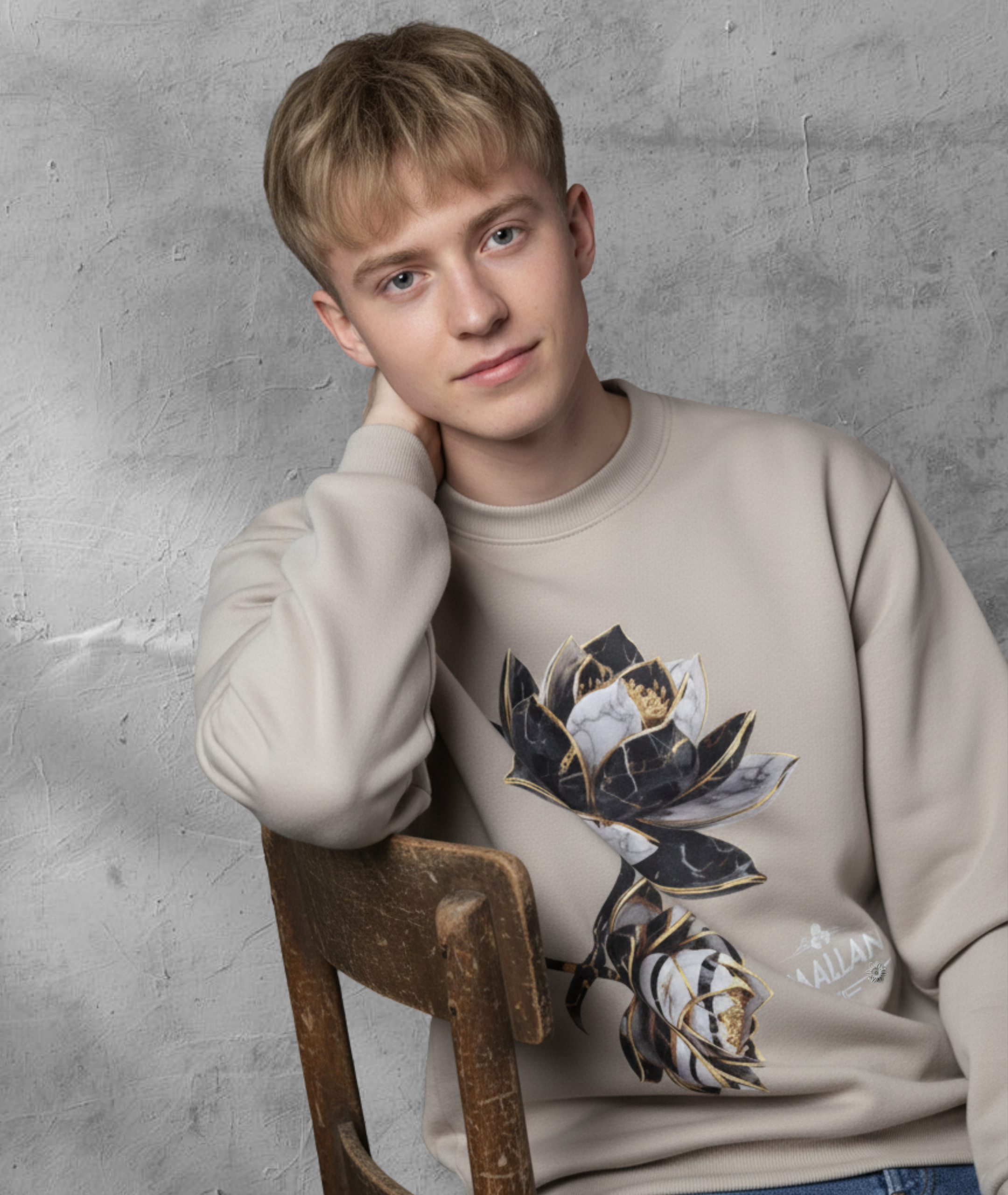 Men Sweatshirt In Round Neckline "The Lotus Edition" Casual Streetwear Sweatshirt In Sandstone Colour