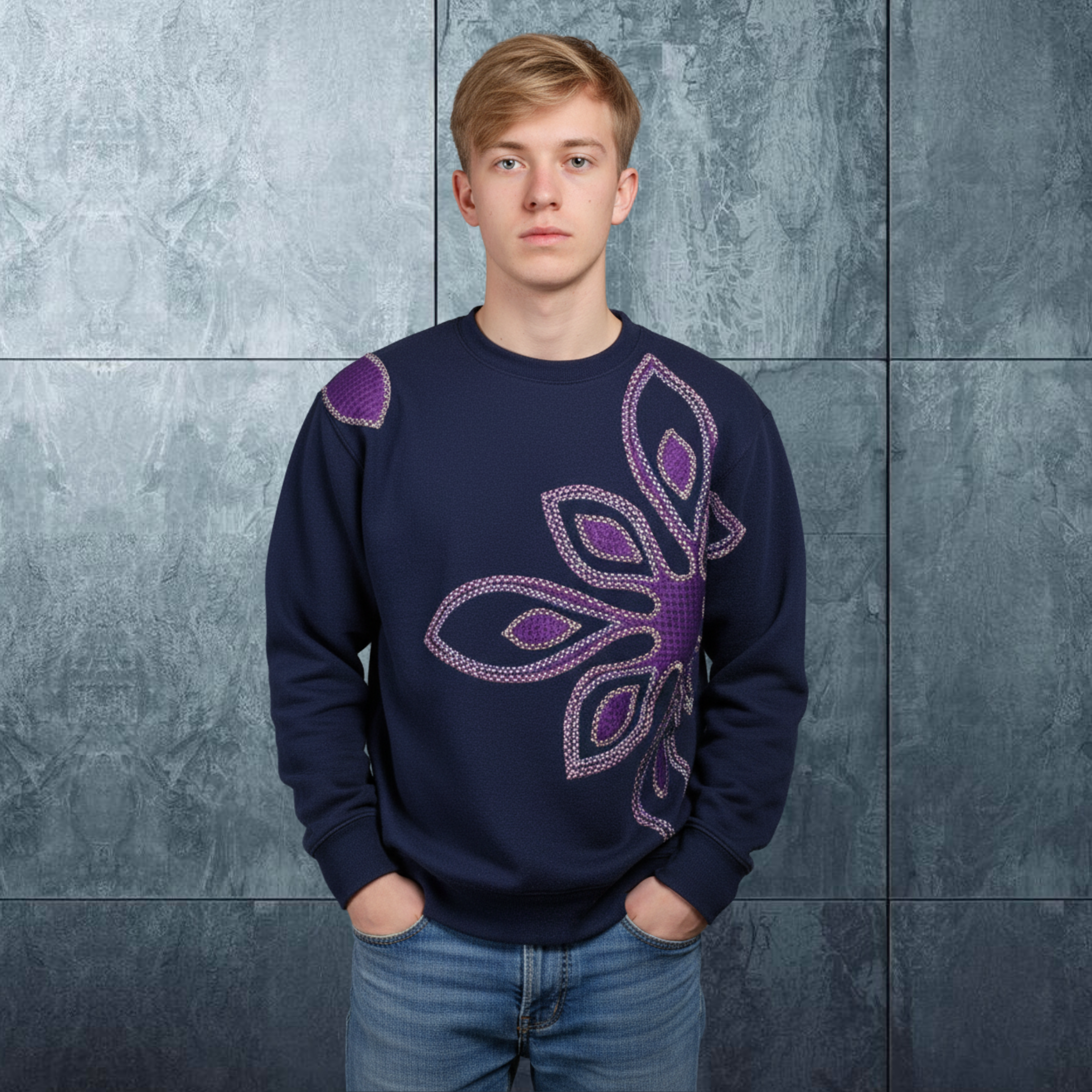 Men Urban Look Crew Neckline One Of A Kind Top "Crocus" Sweatshirt Navy Long Sleeve