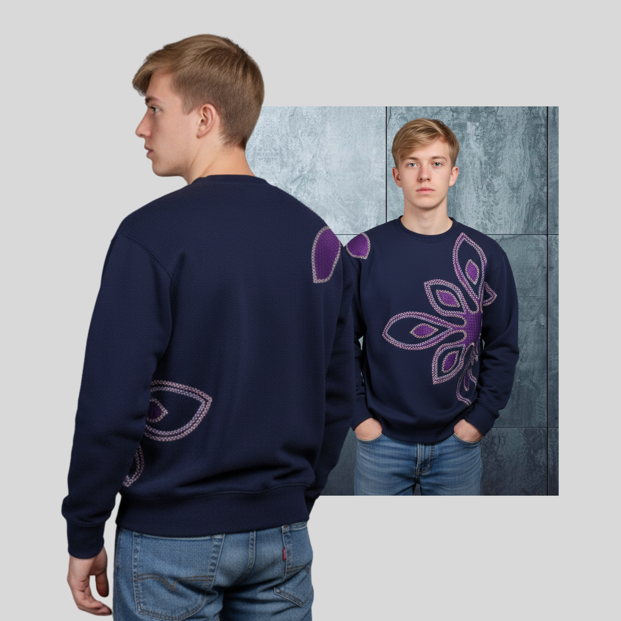 Men Urban Look Crew Neckline One Of A Kind Top "Crocus" Sweatshirt Navy Long Sleeve