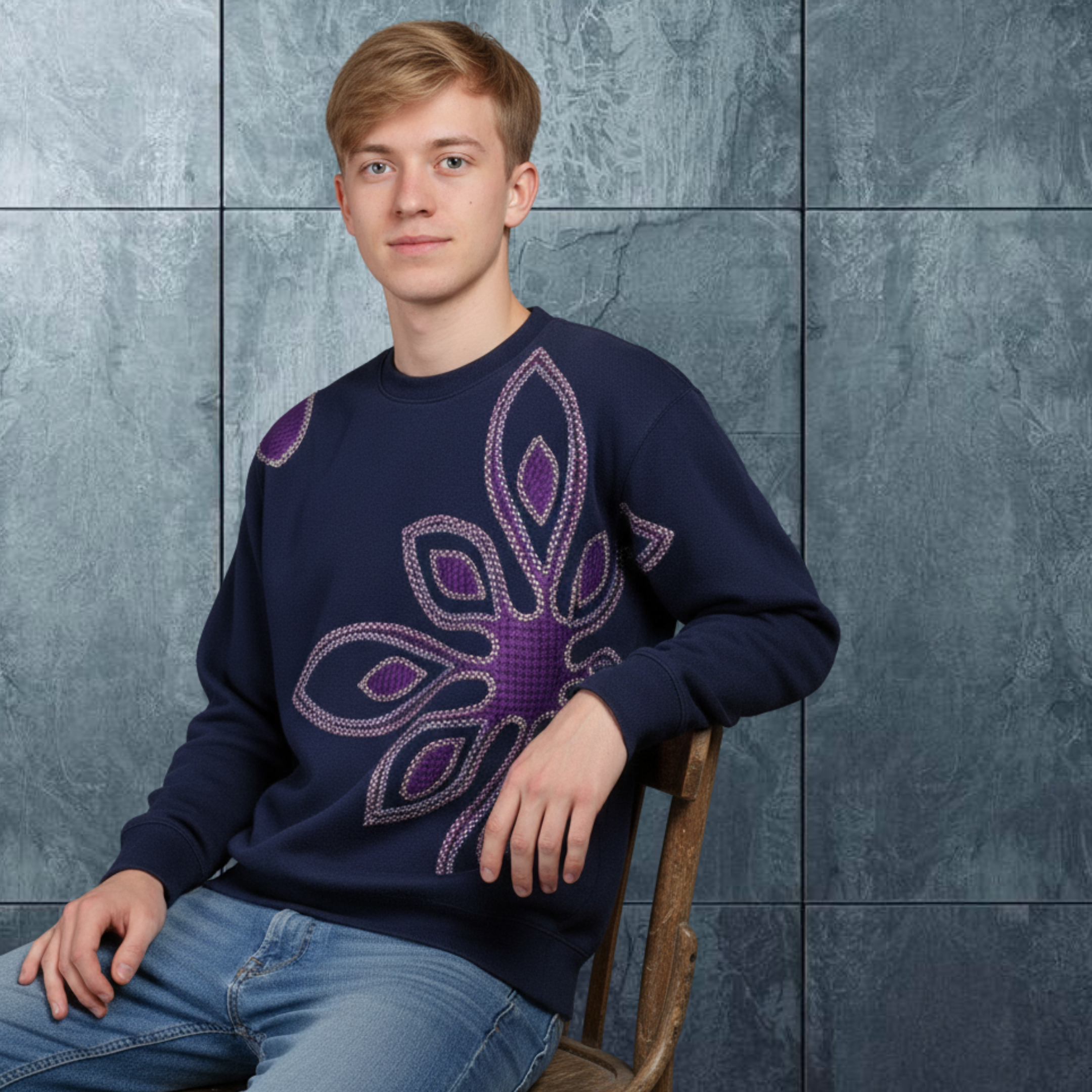 Men Urban Look Crew Neckline One Of A Kind Top "Crocus" Sweatshirt Navy Long Sleeve