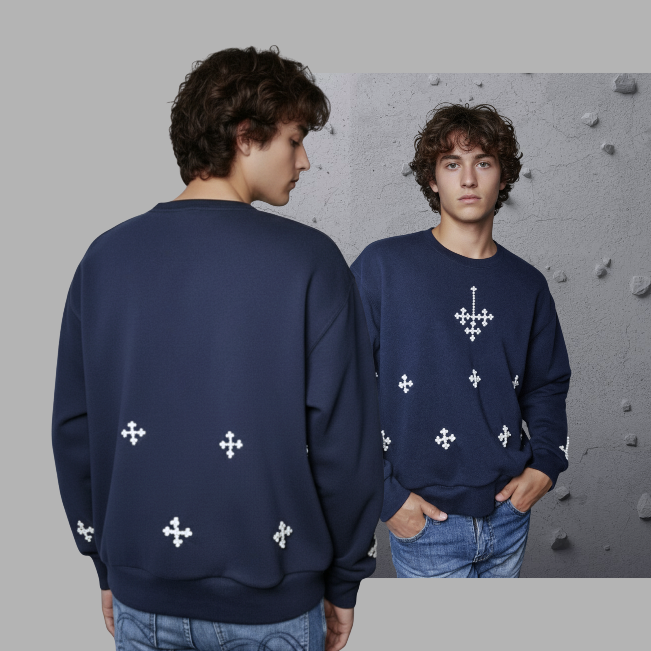 Men Navy Casual Top Sweatshirt "Pearl-Cross" In Navy Crew Neckline