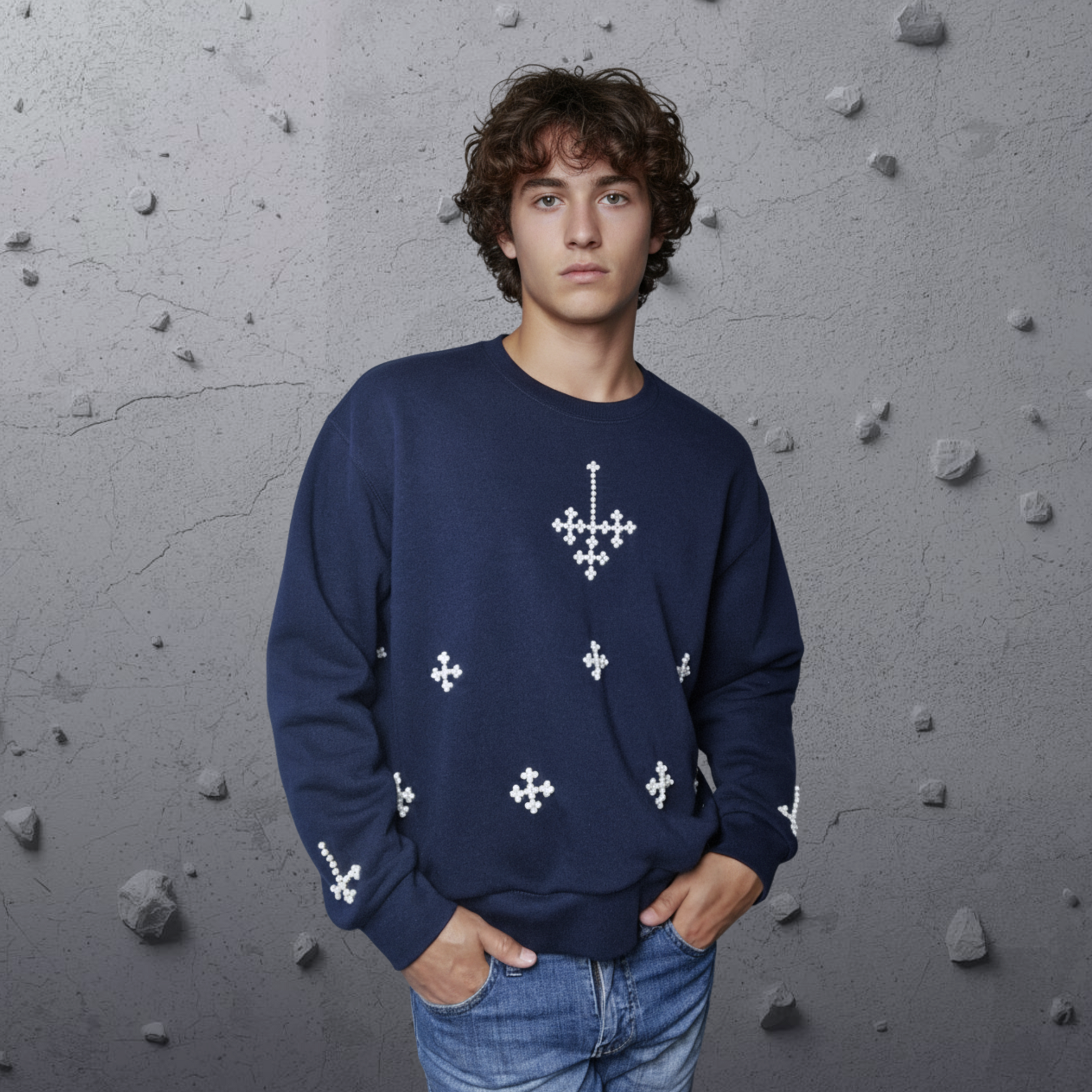 Men Navy Casual Top Sweatshirt "Pearl-Cross" In Navy Crew Neckline