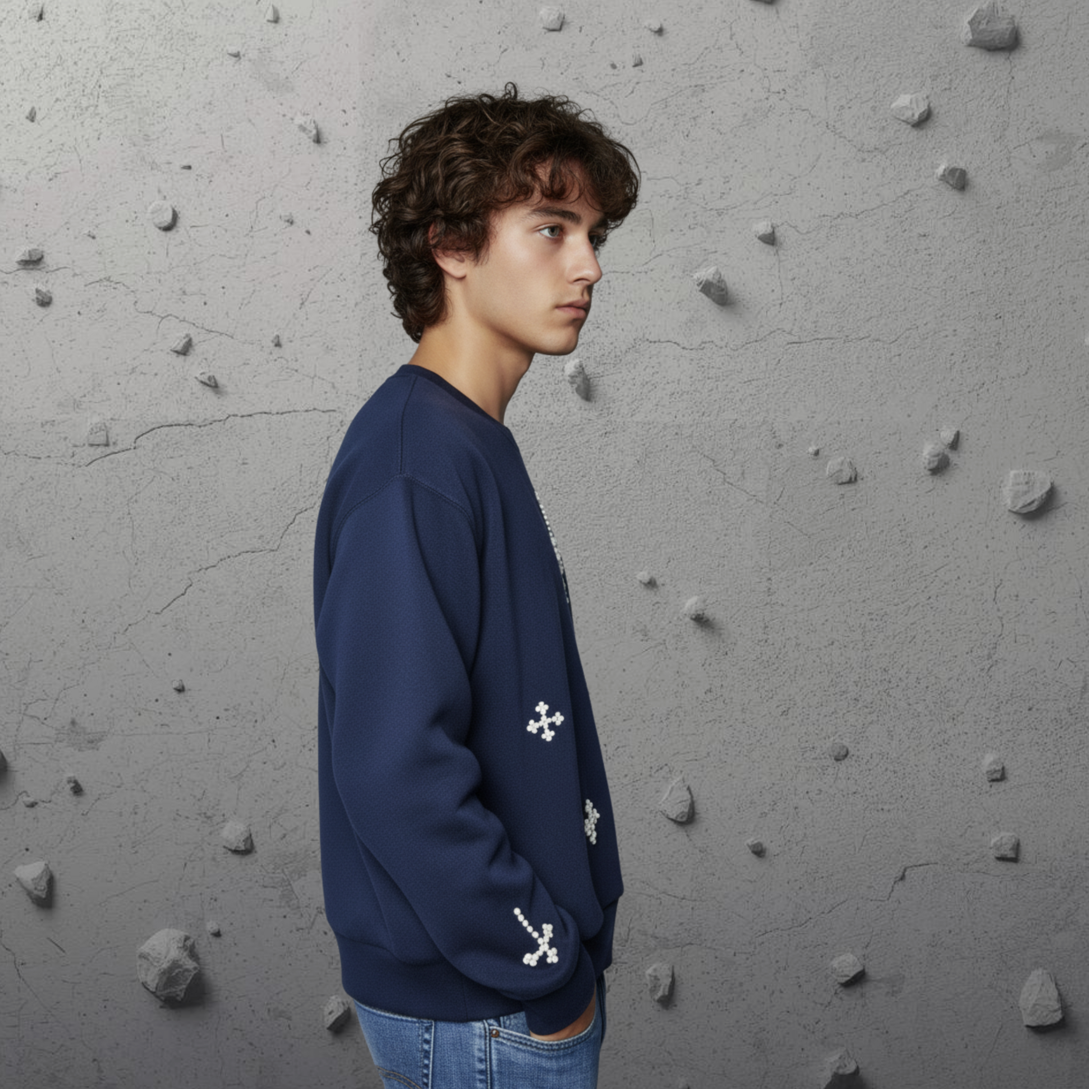 Men Navy Casual Top Sweatshirt "Pearl-Cross" In Navy Crew Neckline