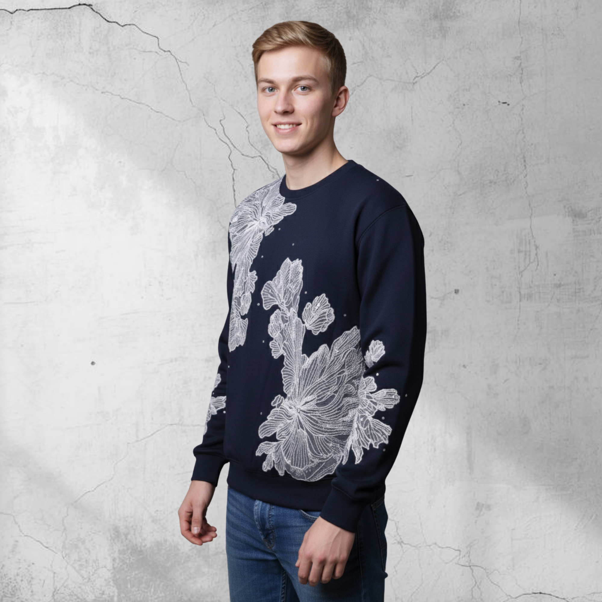 Men Navy Top Sweatshirt "The Lace" In Navy Crew Neck