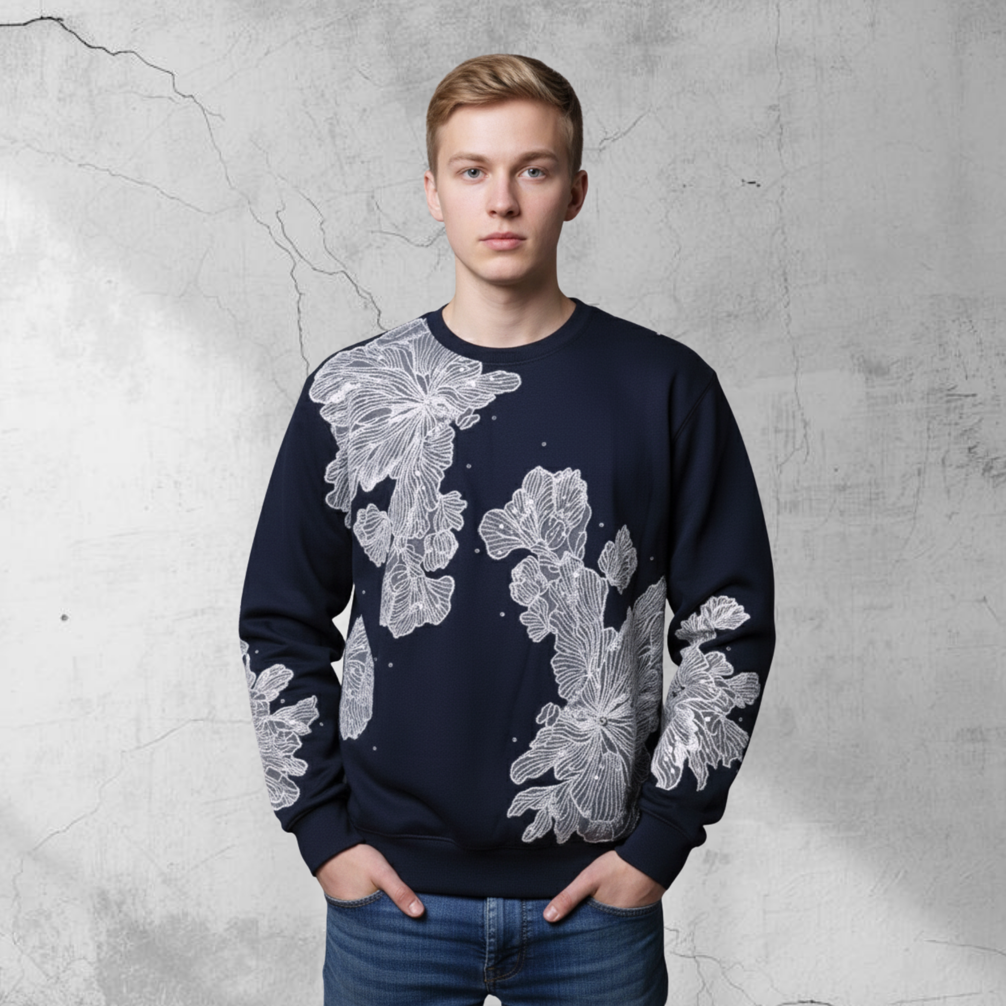 Men Navy Top Sweatshirt "The Lace" In Navy Crew Neck