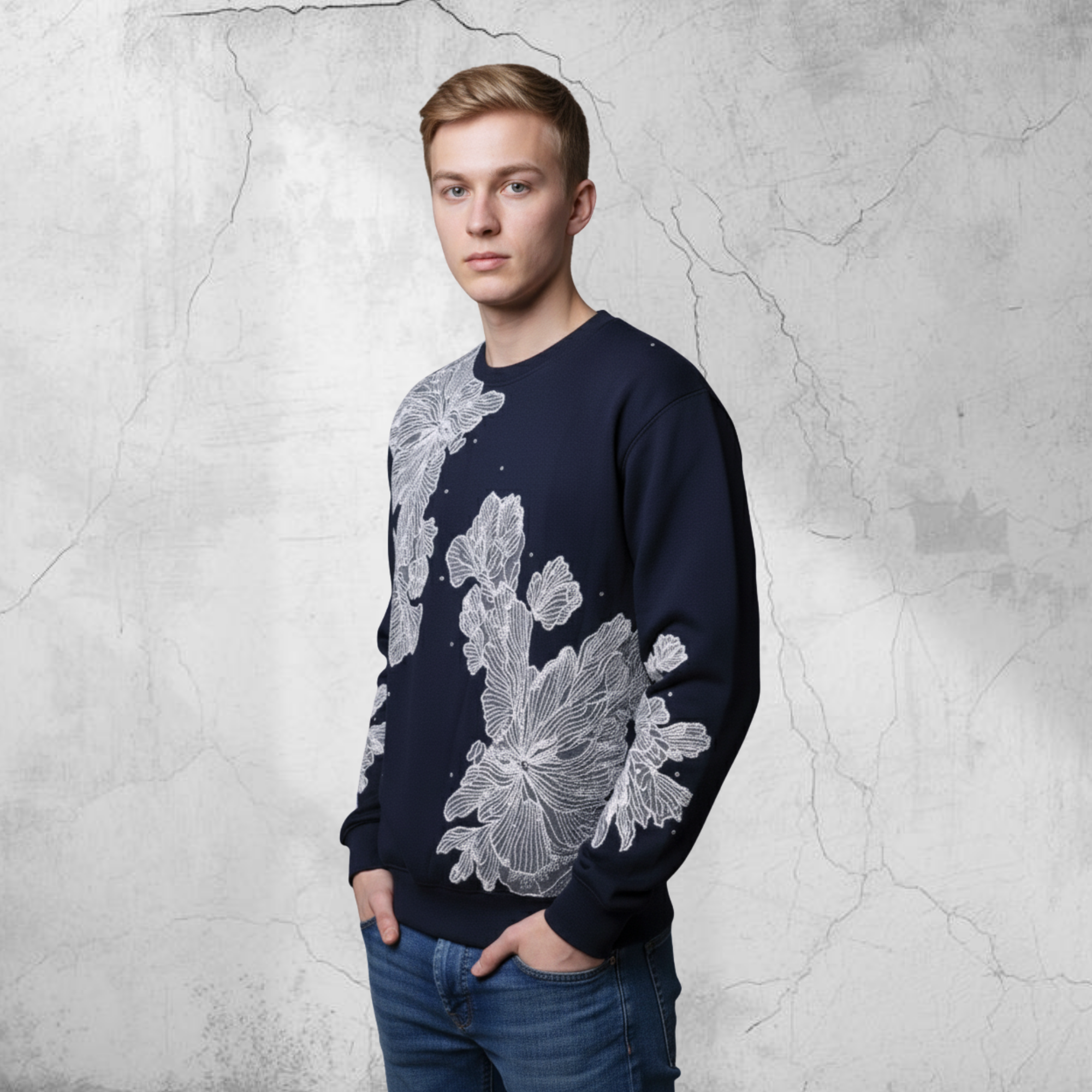 Men Navy Top Sweatshirt "The Lace" In Navy Crew Neck