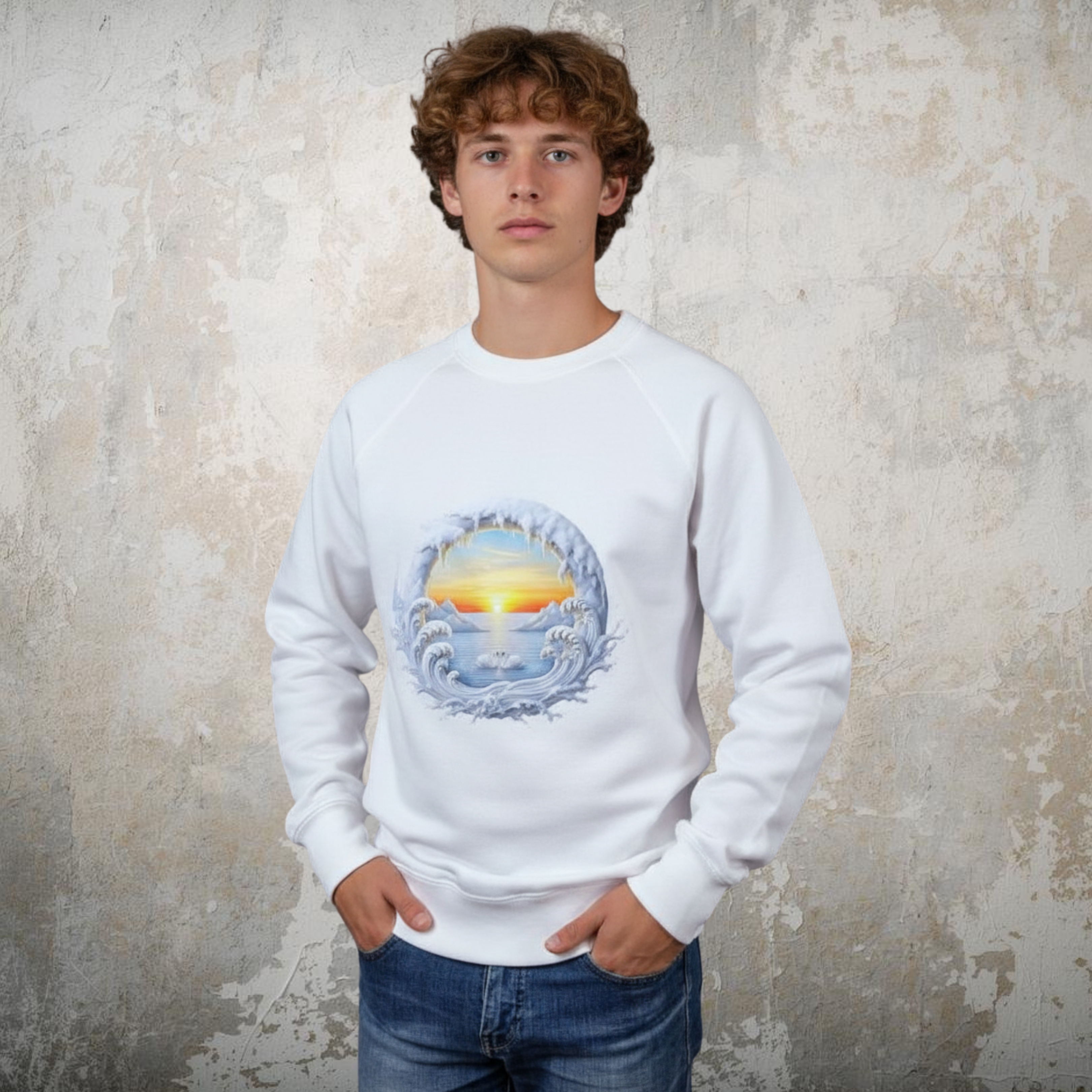 Men's Long Sleeves White Sweatshirt “Love Swan” Print Crew Neck Top