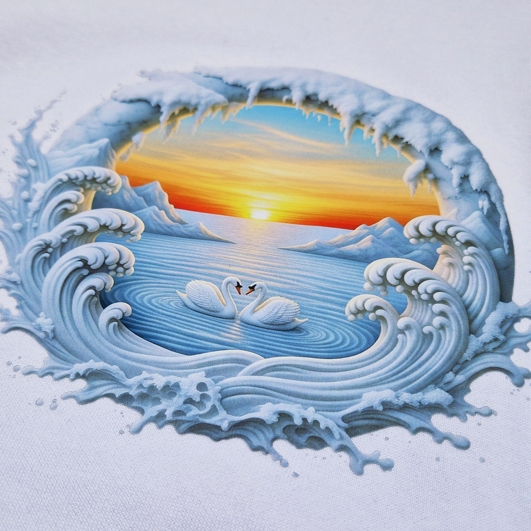 Men's Long Sleeves White Sweatshirt “Love Swan” Print Crew Neck Top