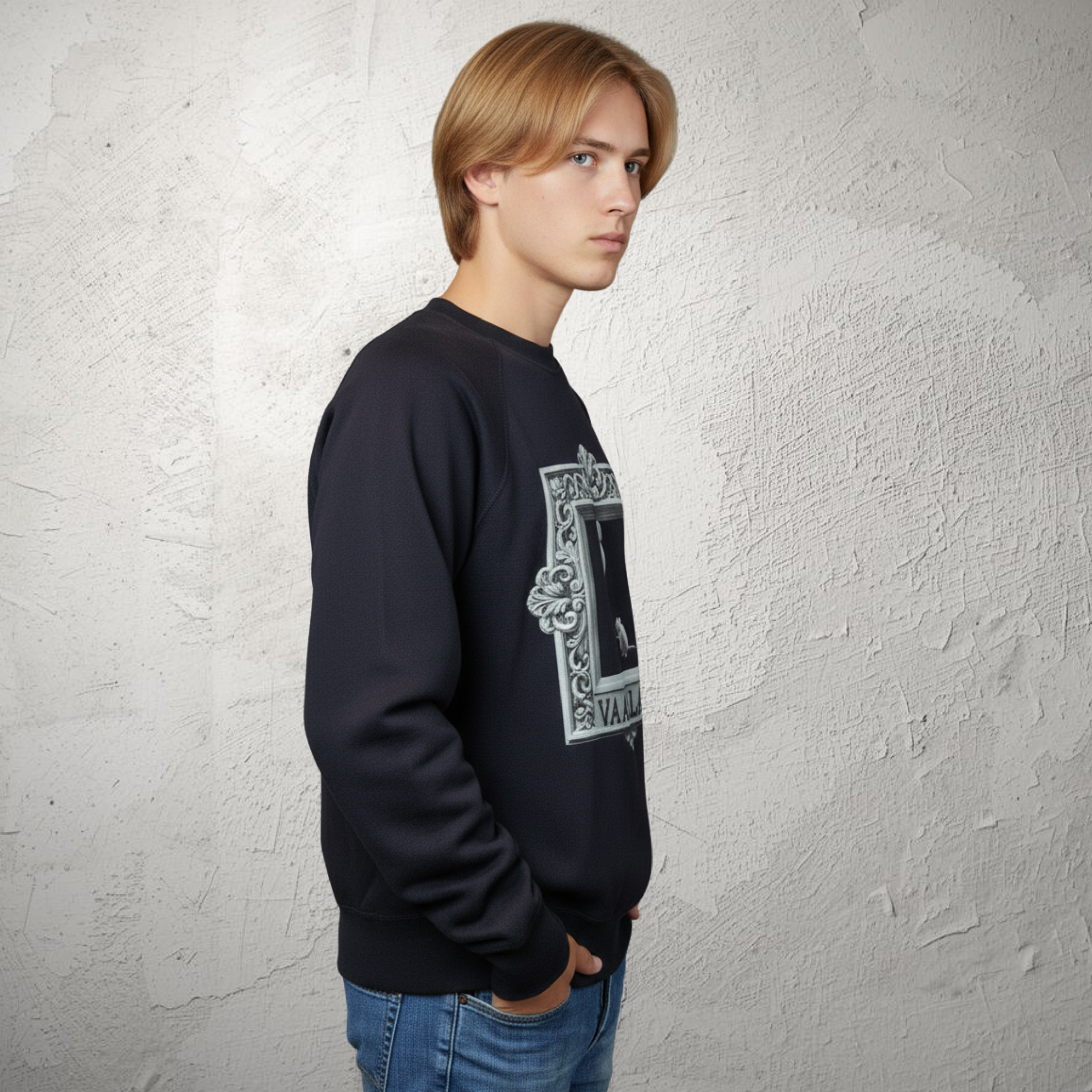 Men Black Crew Neckline Sweatshirt "Mice And Cheese" By VAALLAN