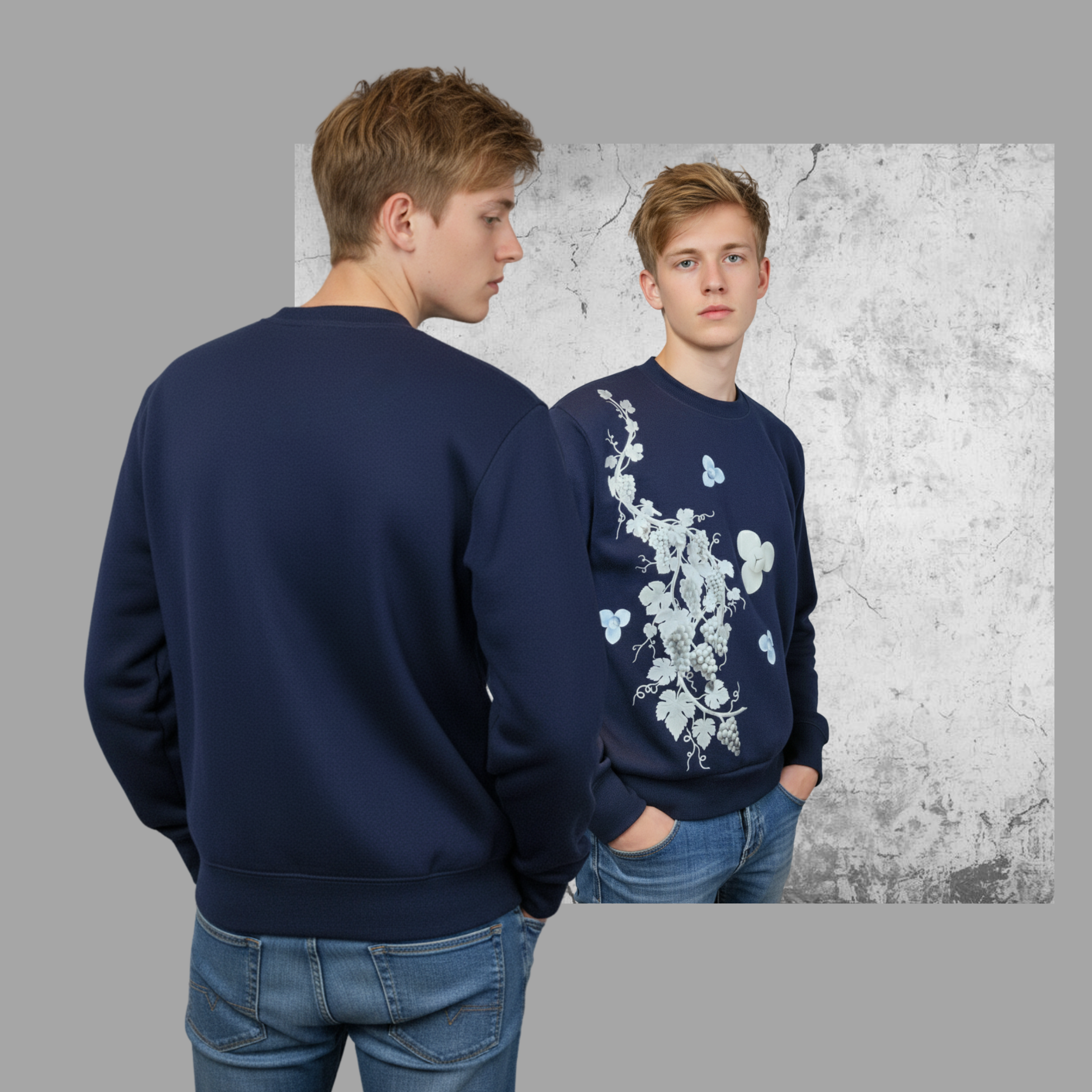 Men Navy Crew Neckline Top "The Vines" In Long Sleeves