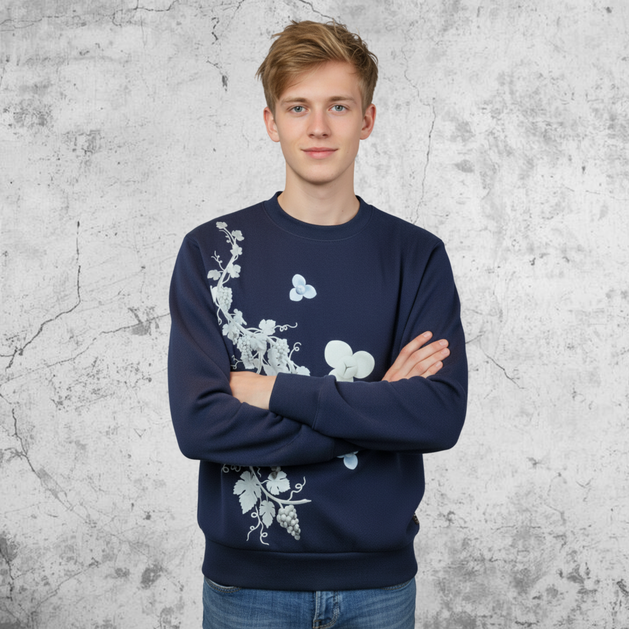 Men Navy Crew Neckline Top "The Vines" In Long Sleeves