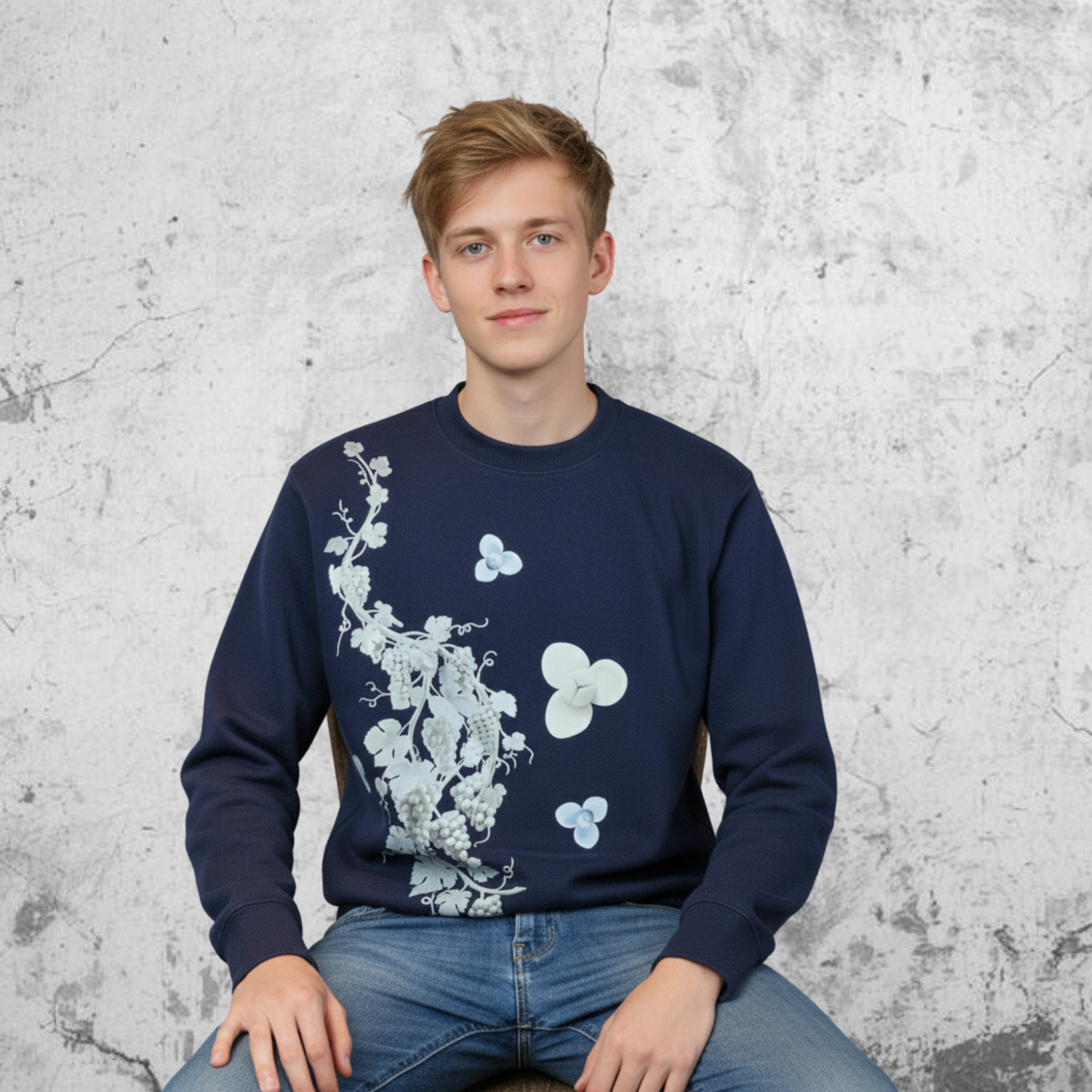 Men Navy Crew Neckline Top "The Vines" In Long Sleeves