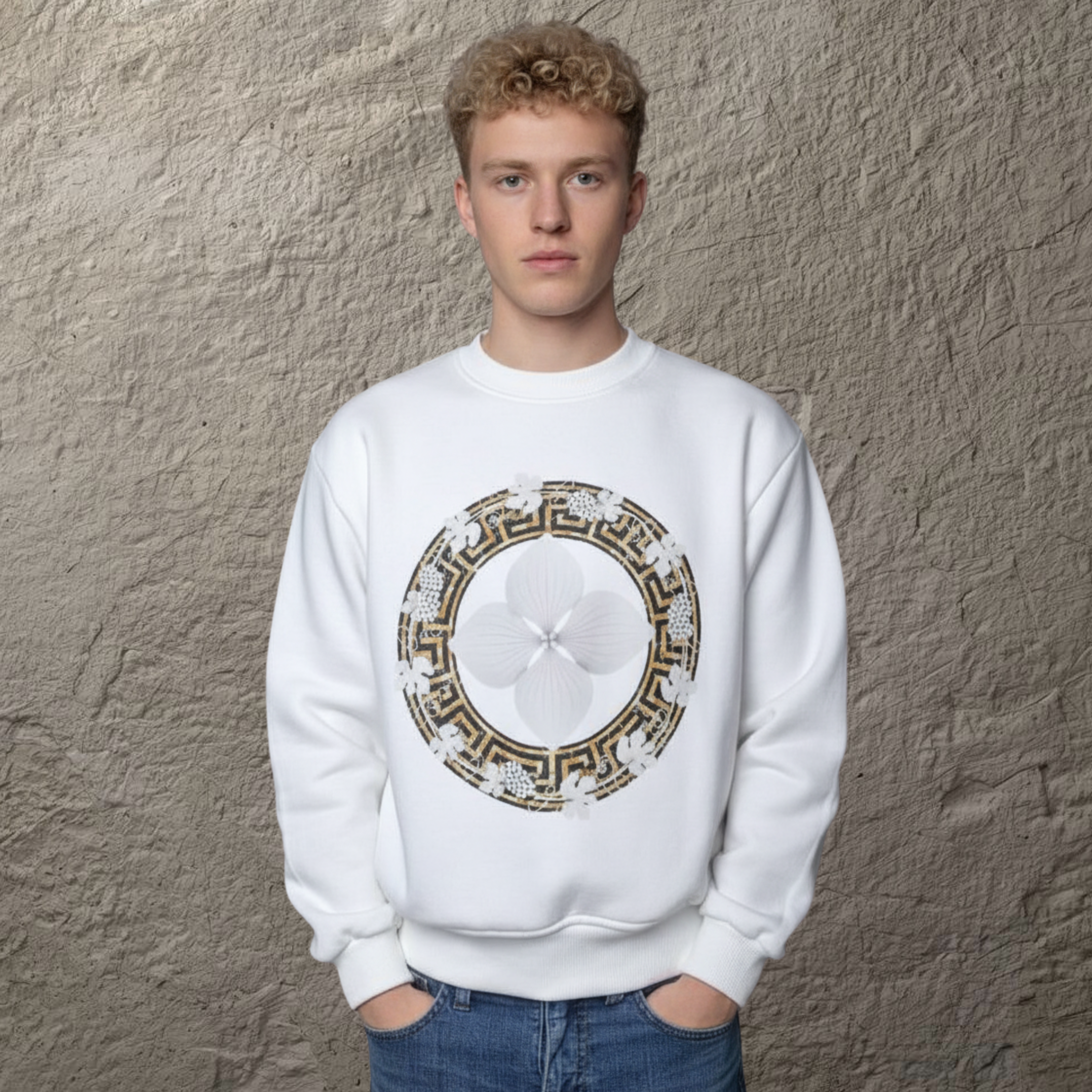 Unisex White Crew Neck Sweatshirt "The Roman Key And Hydrangea"