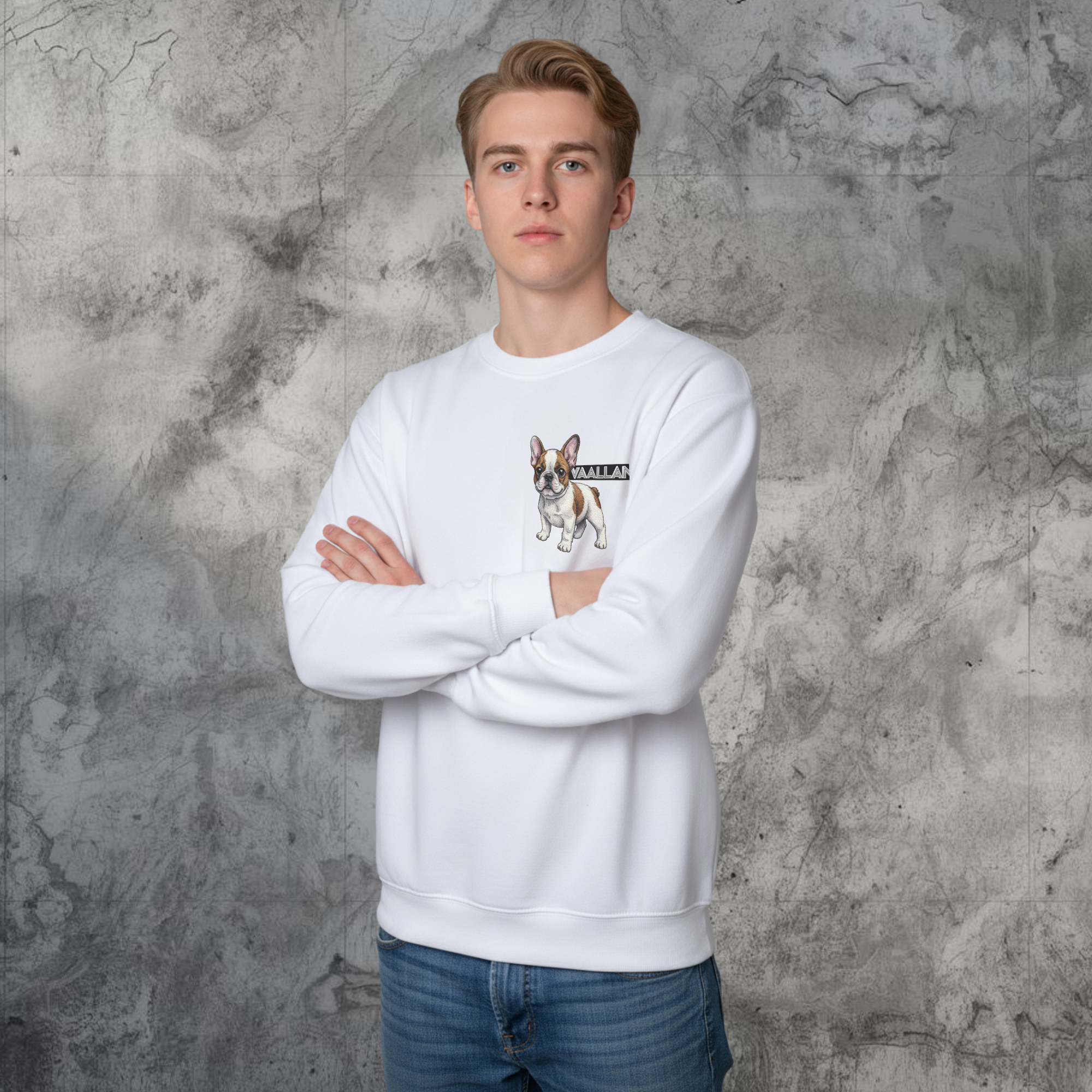 Unisex White Sweatshirt "Frenchies" Top In Long Sleeves Crew Neckline