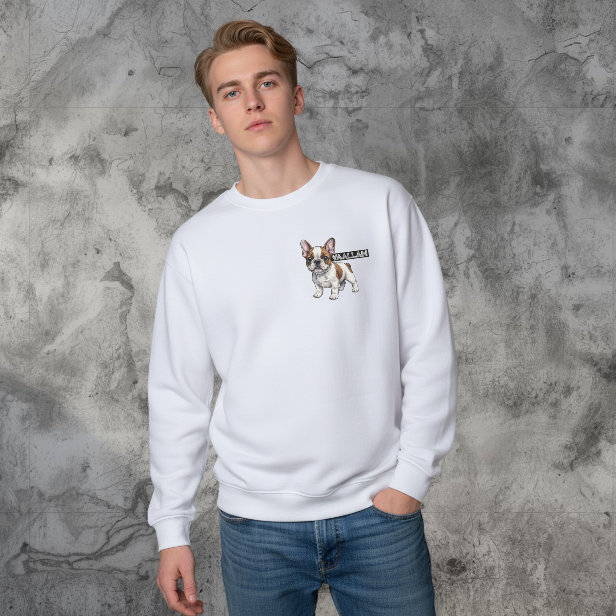 Unisex White Sweatshirt "Frenchies" Top In Long Sleeves Crew Neckline