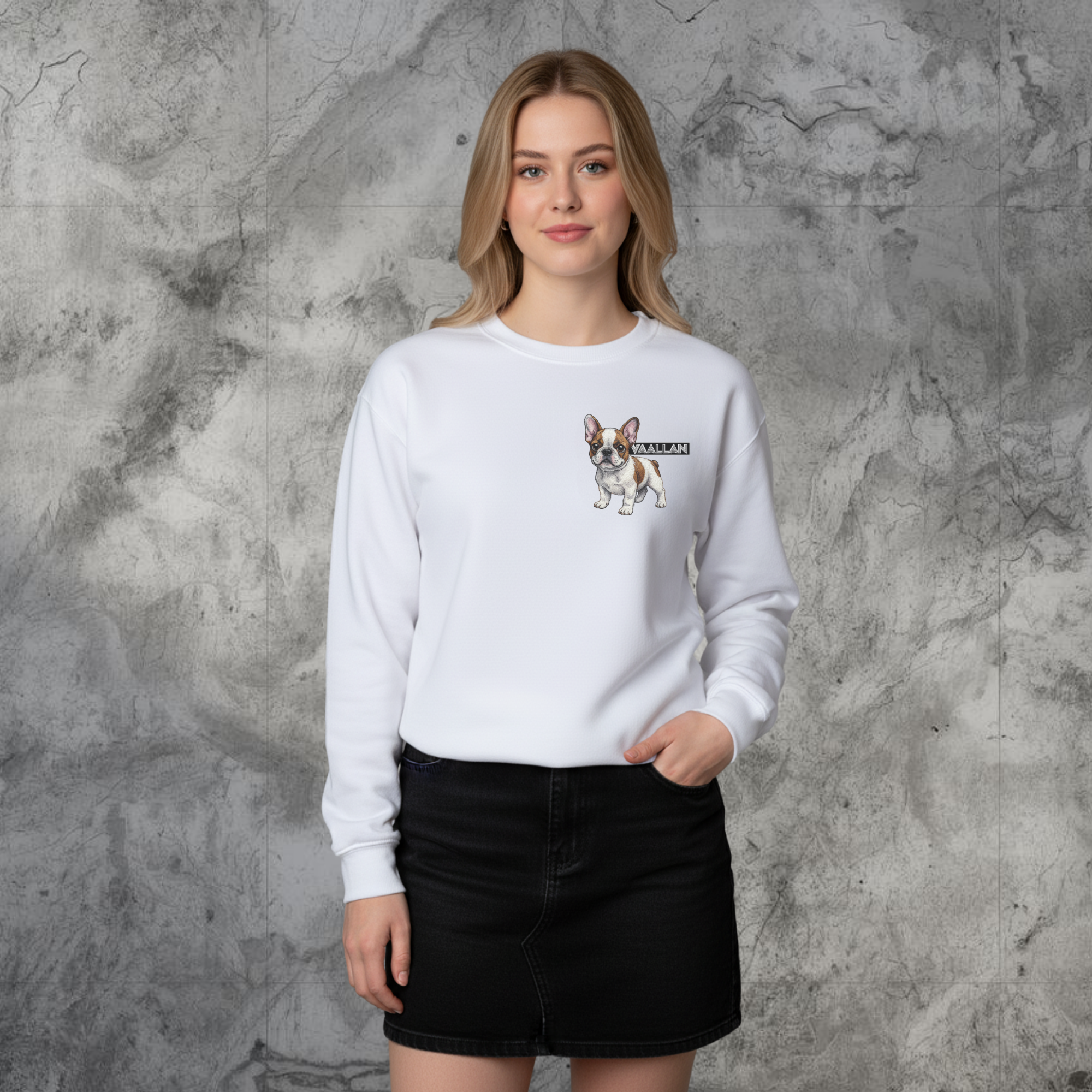Unisex White Sweatshirt "Frenchies" Top In Long Sleeves Crew Neckline