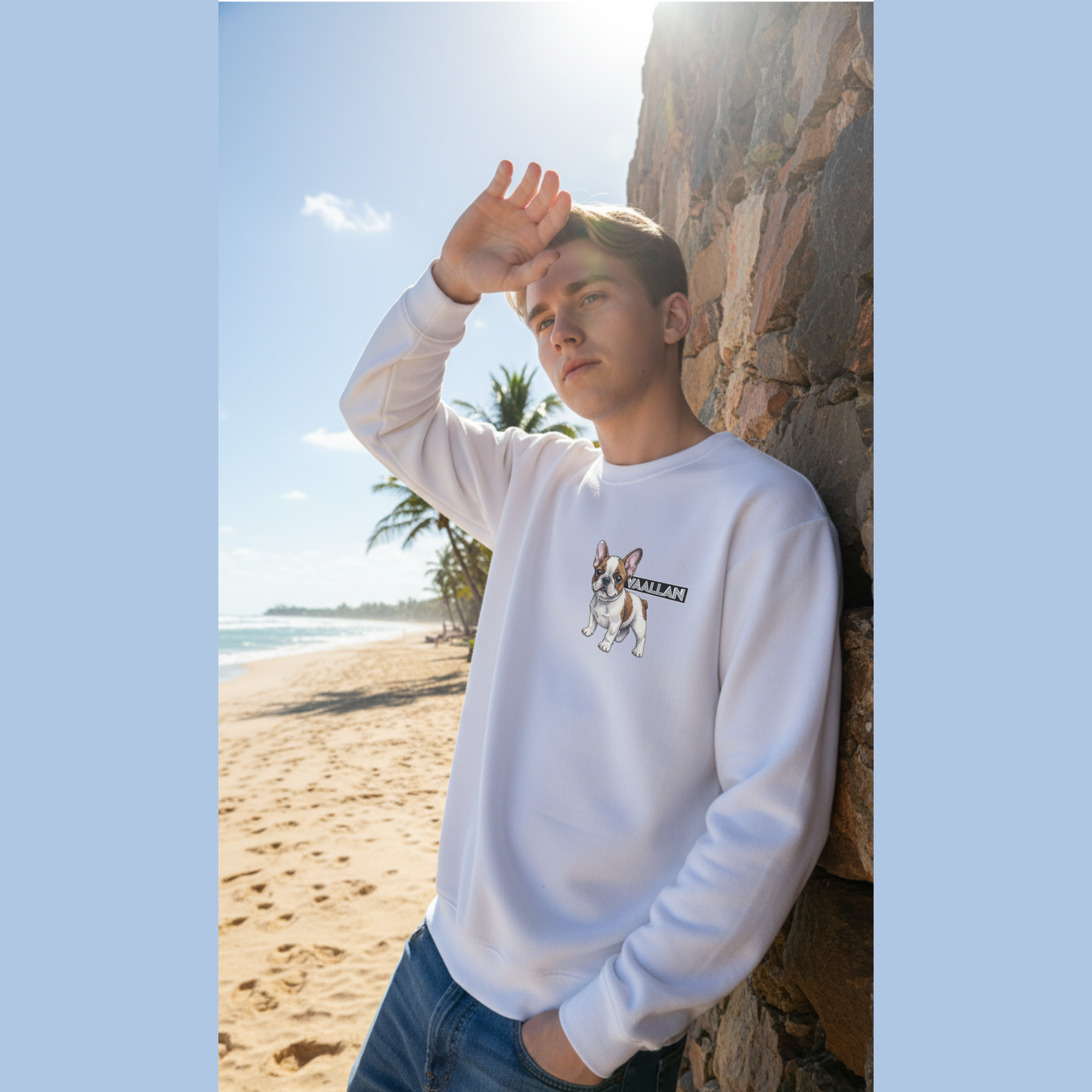 Unisex White Sweatshirt "Frenchies" Top In Long Sleeves Crew Neckline